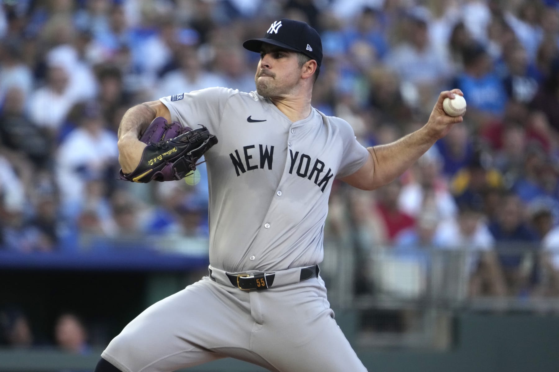 KANSAS CITY, MISSOURI - JUNE 10: Carlos Rodón #55 of the New York Yankees throws in the first inning against the Kansas City Royals at Kauffman Stadium on June 10, 2024 in Kansas City, Missouri. (Photo by Ed Zurga/Getty Images)