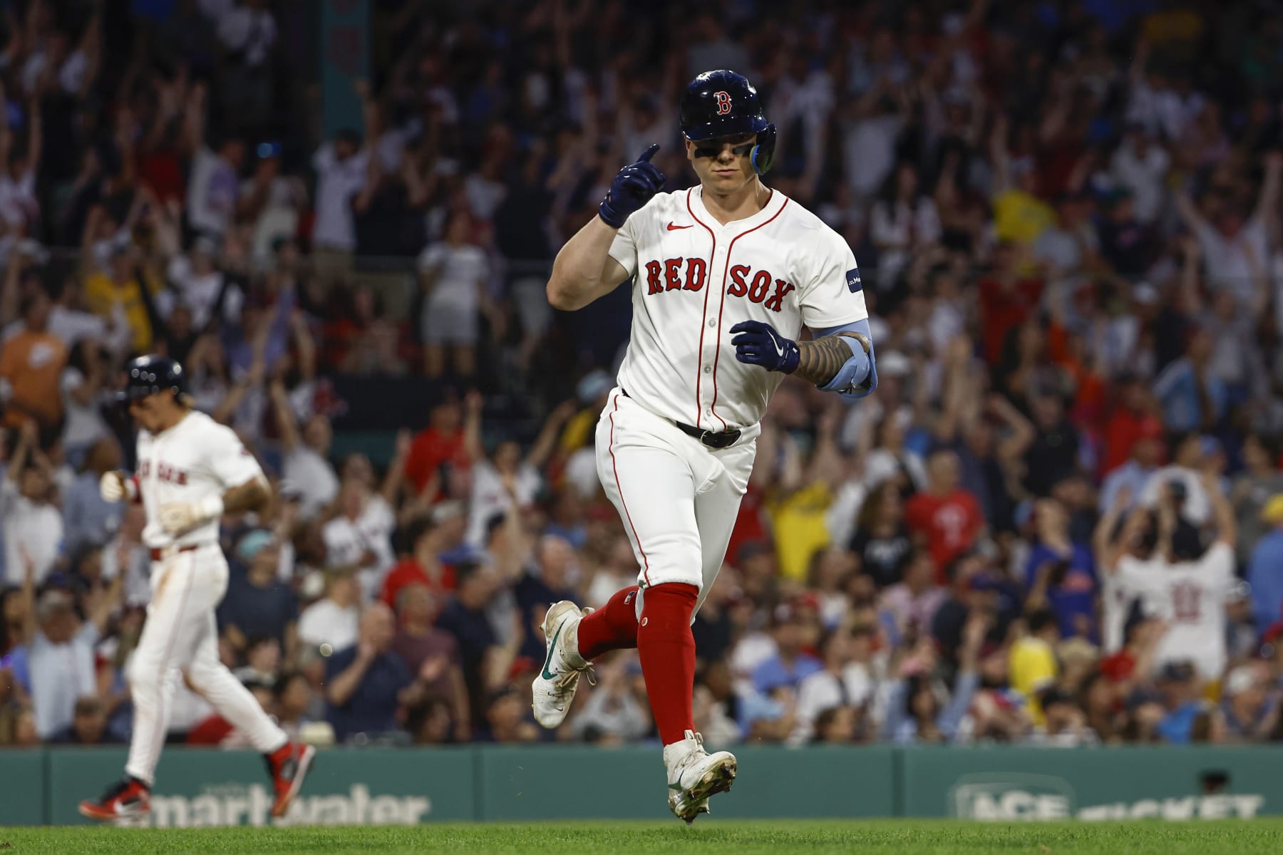 BOSTON, MA - JUNE 13: Tyler O'Neill #17 of the Boston Red Sox rounds the bases after his three-run home run against the Philadelphia Phillies during the fourth inning at Fenway Park on June 13, 2024 in Boston, Massachusetts. (Photo By Winslow Townson/Getty Images)