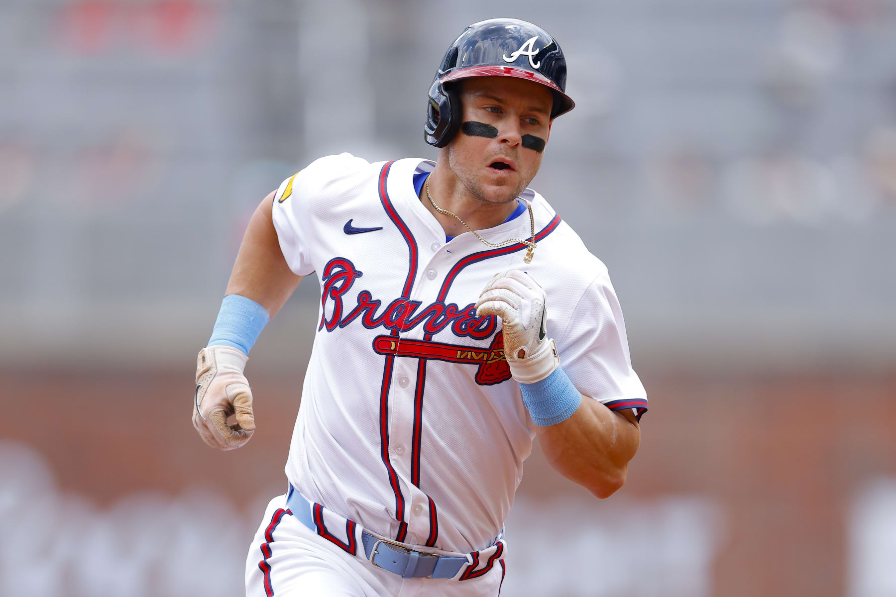 ATLANTA, GEORGIA - JUNE 16: Jarred Kelenic #24 of the Atlanta Braves rounds second after hitting a lead off home run during the first inning against the Tampa Bay Rays at Truist Park on June 16, 2024 in Atlanta, Georgia. (Photo by Todd Kirkland/Getty Images)