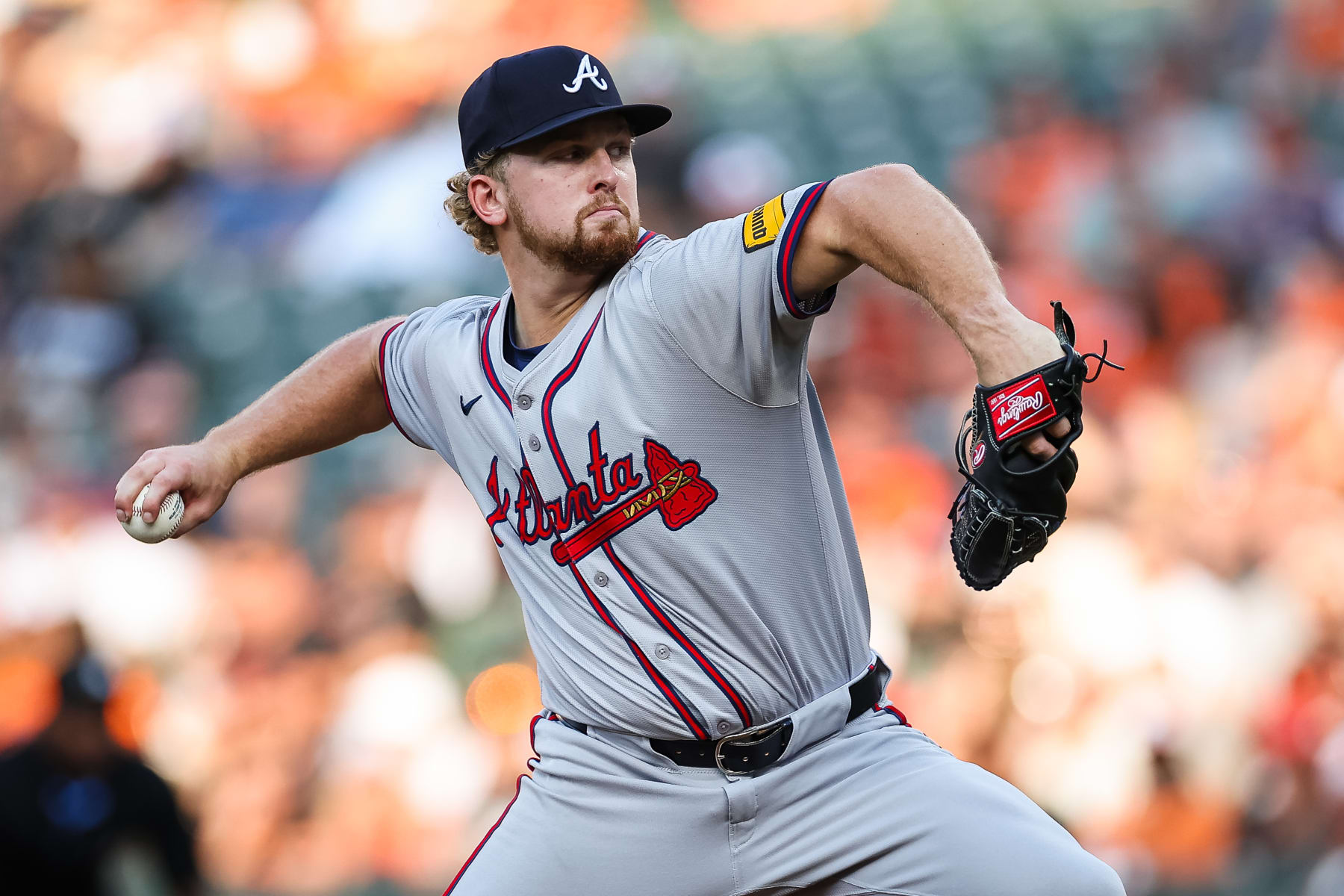 BALTIMORE, MD - JUNE 12: Spencer Schwellenbach #56 of the Atlanta Braves pitches against the Baltimore Orioles during the third inning at Oriole Park at Camden Yards on June 12, 2024 in Baltimore, Maryland. (Photo by Scott Taetsch/Getty Images)