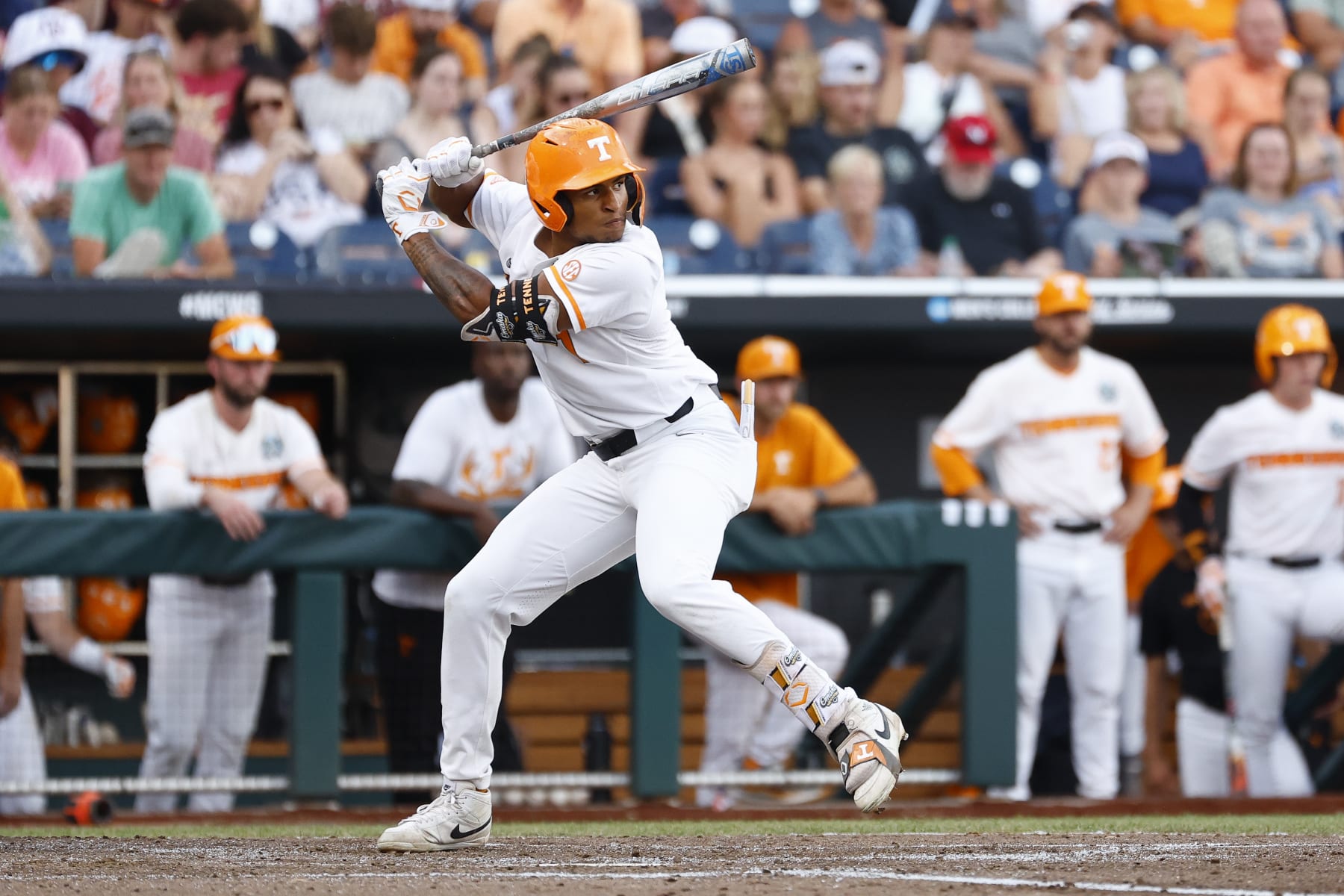 OMAHA, NEBRASKA - JUNE 22: Christian Moore #1 of the Tennessee Volunteers  bats against the Texas A&M Aggies during the Division I Men's Baseball Championship held at Charles Schwab Field on June 22, 2024 in Omaha, Nebraska.  (Photo by C. Morgan Engel/NCAA Photos via Getty Images)