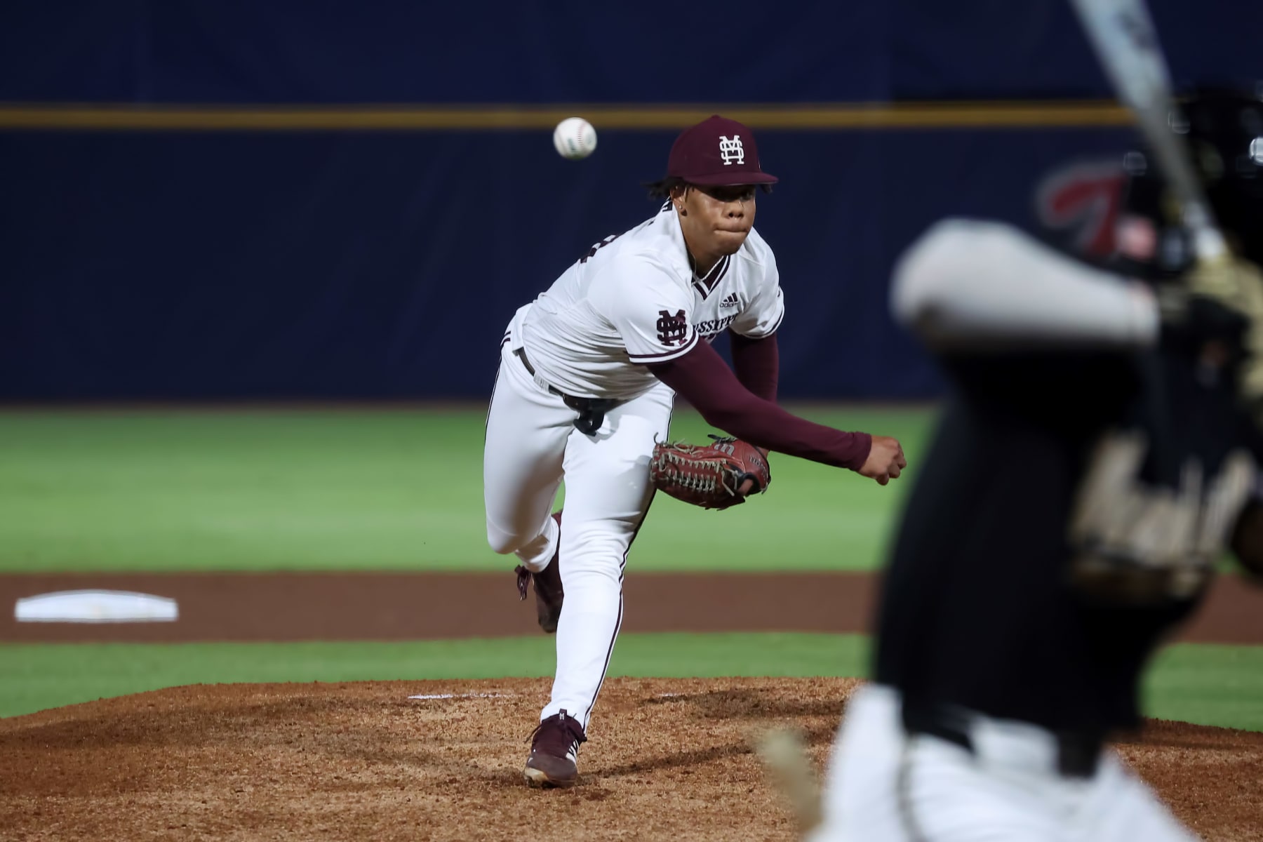 HOOVER, AL - MAY 23: Mississippi State pitcher Jurrangelo Cijntje (50)during the 2024 SEC Baseball Tournament game between the Vanderbilt Commodores and the Mississippi State Bulldogs on May 23, 2024 at the Hoover Metropolitan Stadium in Hoover, Alabama. (Photo by Michael Wade/Icon Sportswire via Getty Images)