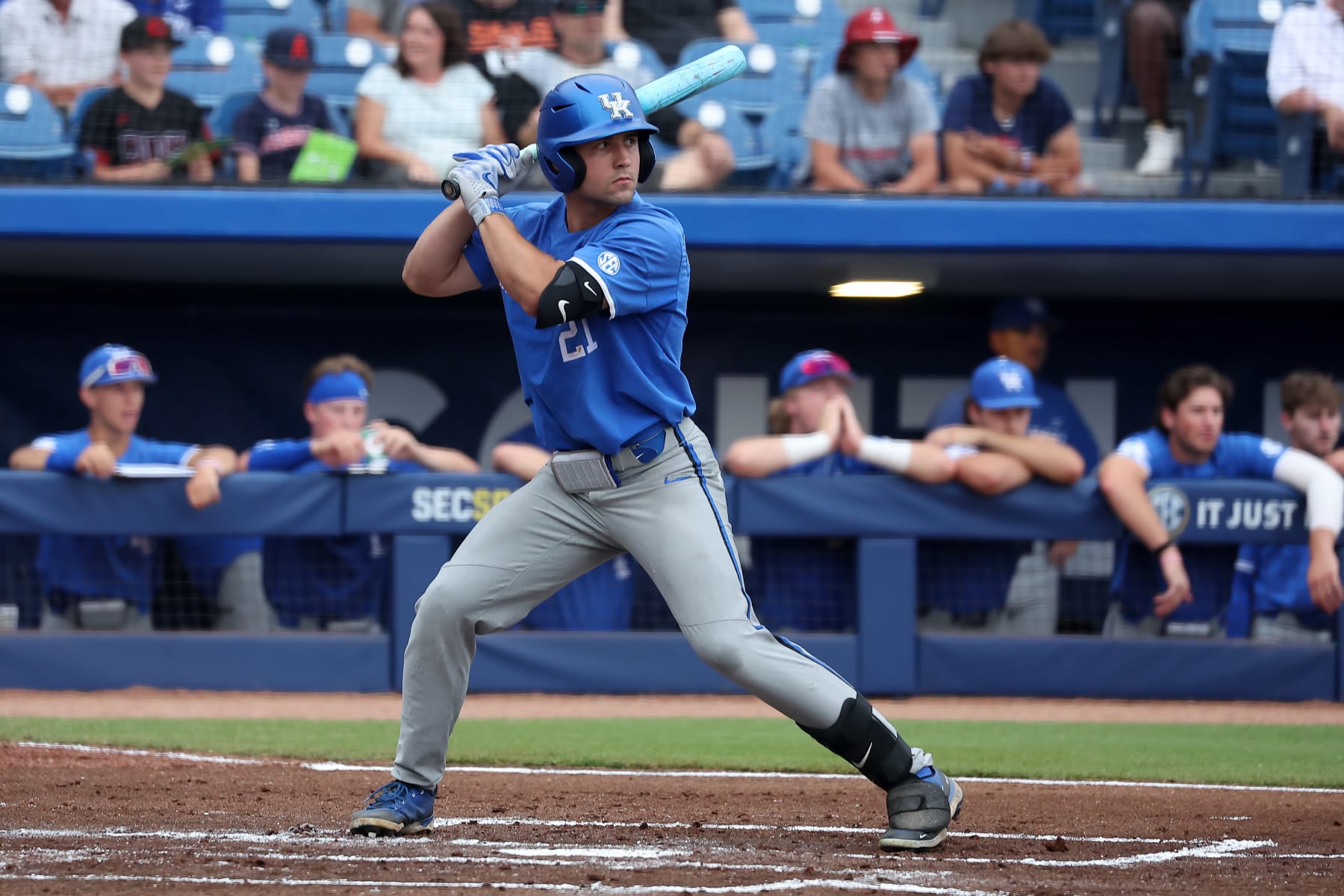 HOOVER, AL - MAY 24: Kentucky Wildcats outfielder Ryan Waldschmidt (21) during the 2024 SEC Baseball Tournament game between the Kentucky Wildcats and the South Carolina Gamecocks on May 24, 2024 at the Hoover Metropolitan Stadium in Hoover, Alabama. (Photo by Michael Wade/Icon Sportswire via Getty Images)