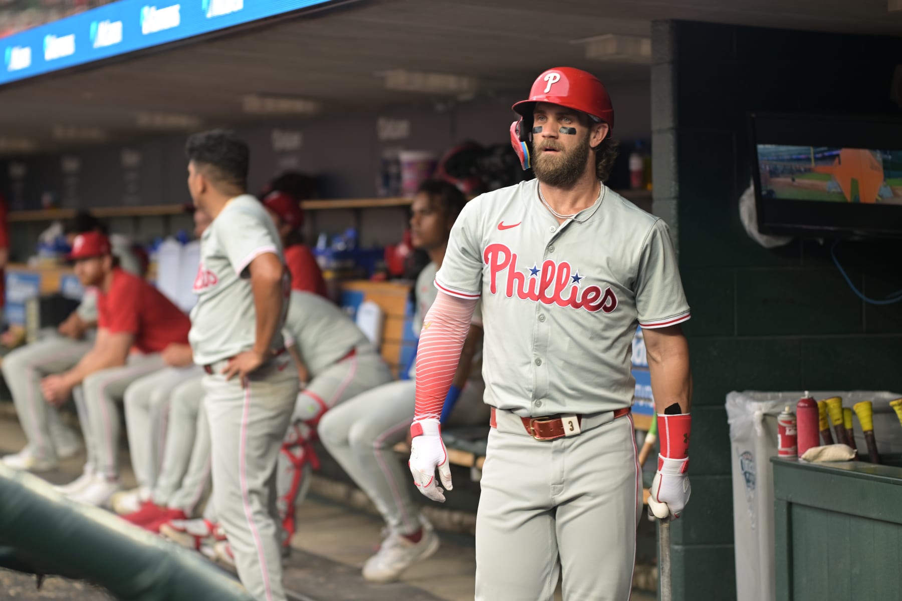 DETROIT, MI - JUNE 25: Philadelphia Phillies 1B Bryce Harper (3) in the dugout during the game between Philadelphia Phillies and Detroit Tigers on June 25, 2024 at Comerica Park in Detroit, MI (Photo by Allan Dranberg/Icon Sportswire via Getty Images)