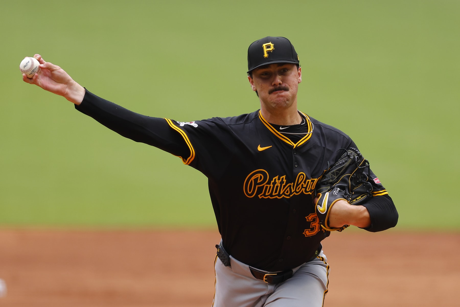 ATLANTA, GEORGIA - JUNE 29: Paul Skenes #30 of the Pittsburgh Pirates pitches during the first inning against the Atlanta Braves at Truist Park on June 29, 2024 in Atlanta, Georgia. (Photo by Todd Kirkland/Getty Images)