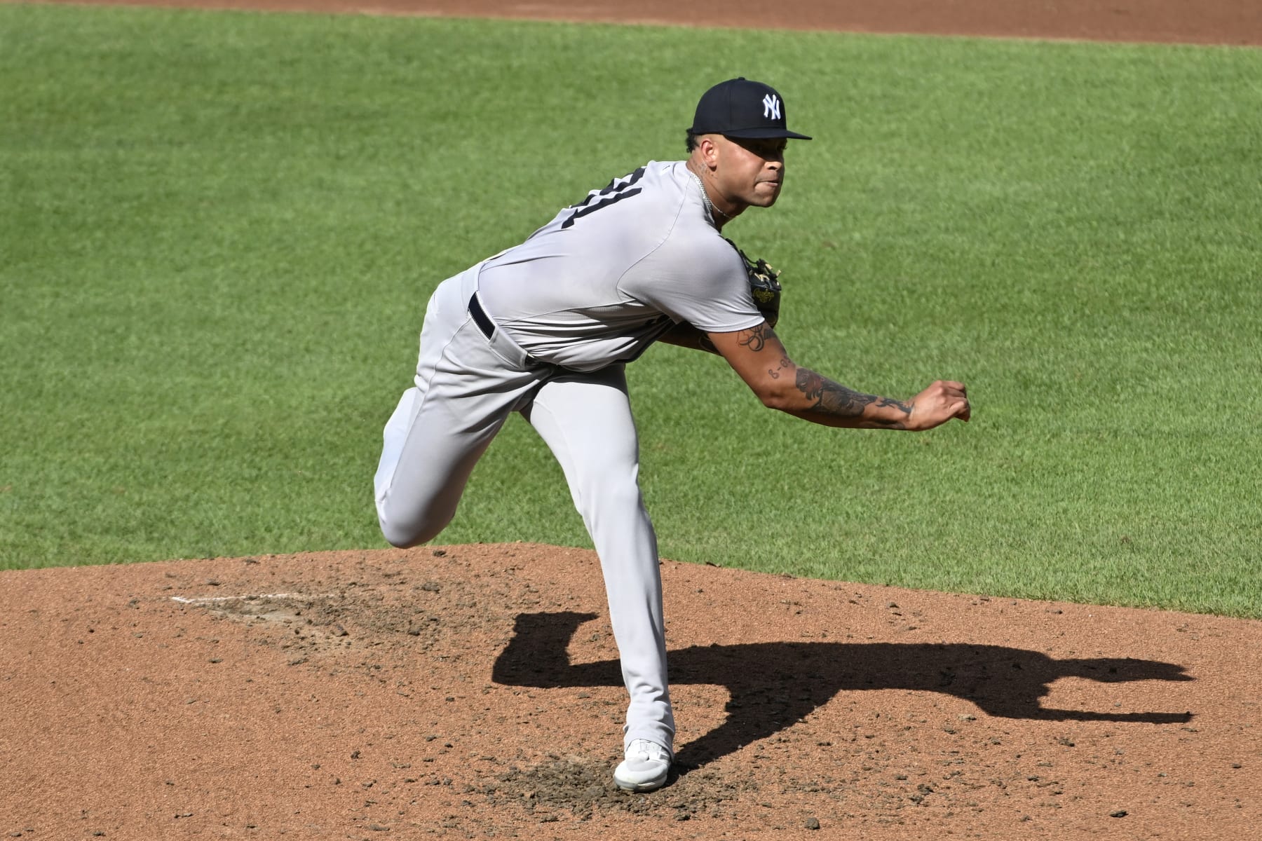 BALTIMORE, MARYLAND - JULY 13, 2024: Luis Gil #81 of the New York Yankees throws a pitch during the bottom of the third inning of a game against the Baltimore Orioles on July 13, 2024 at Oriole Park in Baltimore, Maryland. The Yankees beat the Orioles, 6-1. (Photo by Diamond Images via Getty Images)