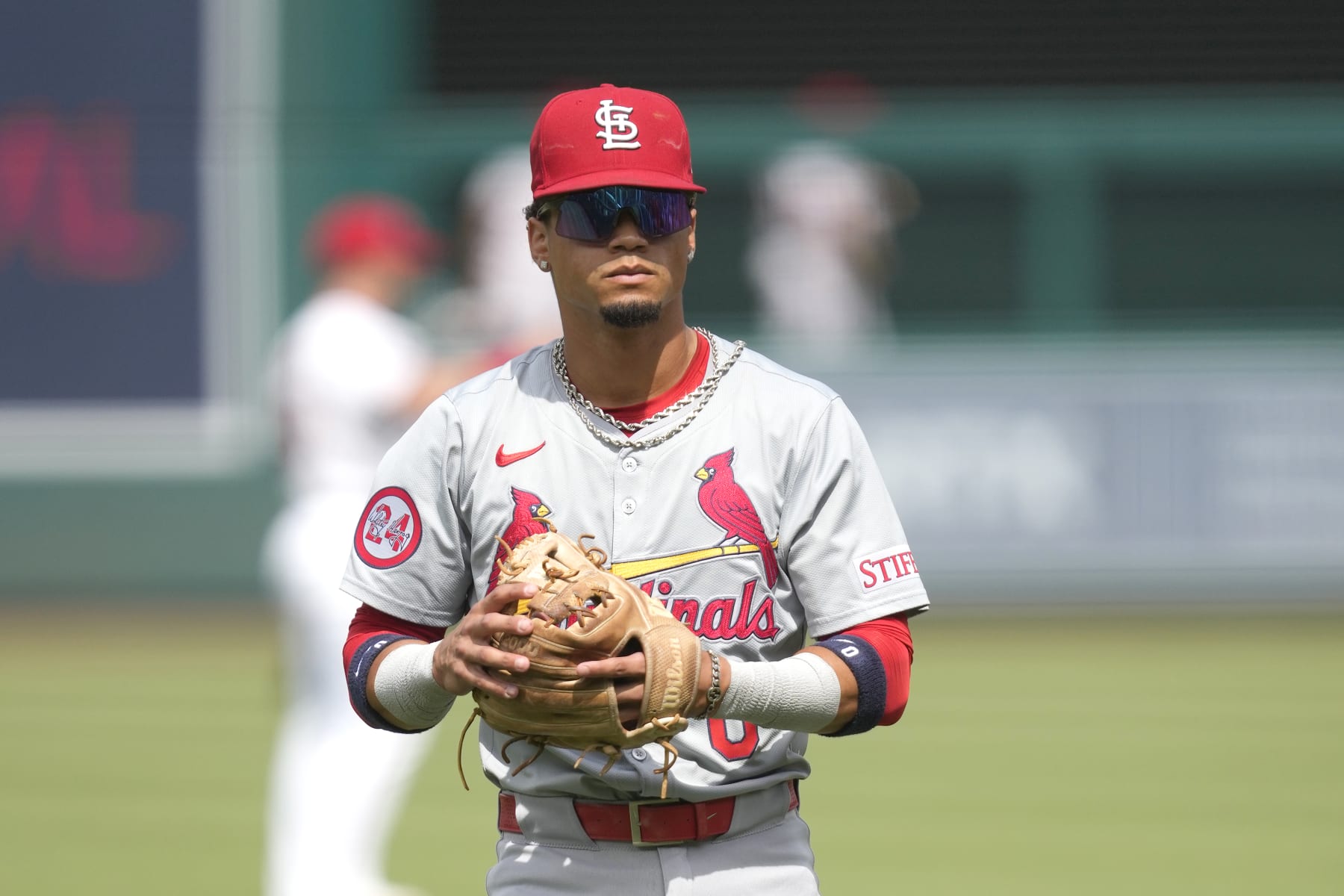 WASHINGTON, DC - JULY 08:  Masyn Winn #0 of the St. Louis Cardinals warms up before a baseball game against the Washington Nationals at Nationals Park on July 8, 2024 in Washington, DC.  (Photo by Mitchell Layton/Getty Images)
