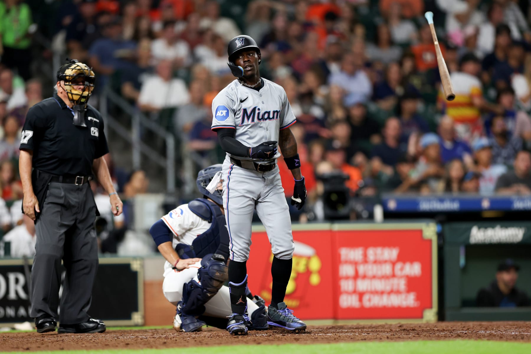 HOUSTON, TEXAS - JULY 11: Jazz Chisholm Jr. #2 of the Miami Marlins flips his bat after hitting a home run in the fifth inning against the Houston Astros at Minute Maid Park on July 11, 2024 in Houston, Texas. (Photo by Tim Warner/Getty Images)