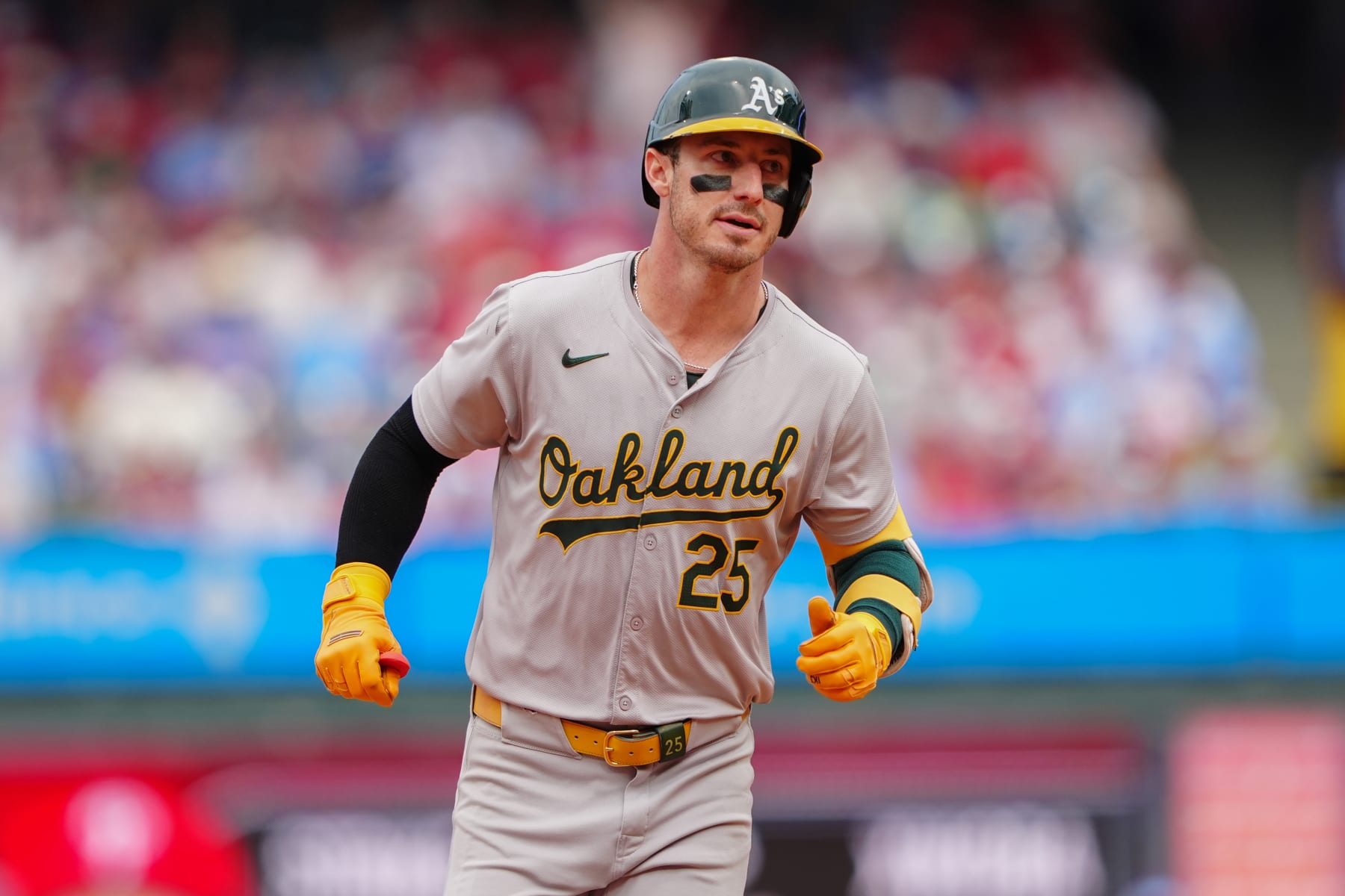 PHILADELPHIA, PA - JULY 14: Oakland Athletics Designated Hitter Brent Rooker (25) rounds the bases after hitting a two run home run during the sixth inning of the Major League Baseball game between the Oakland Athletics and the Philadelphia Phillies on July 14, 2024, at Citizens Bank Park in Philadelphia, PA. (Photo by Gregory Fisher/Icon Sportswire via Getty Images)