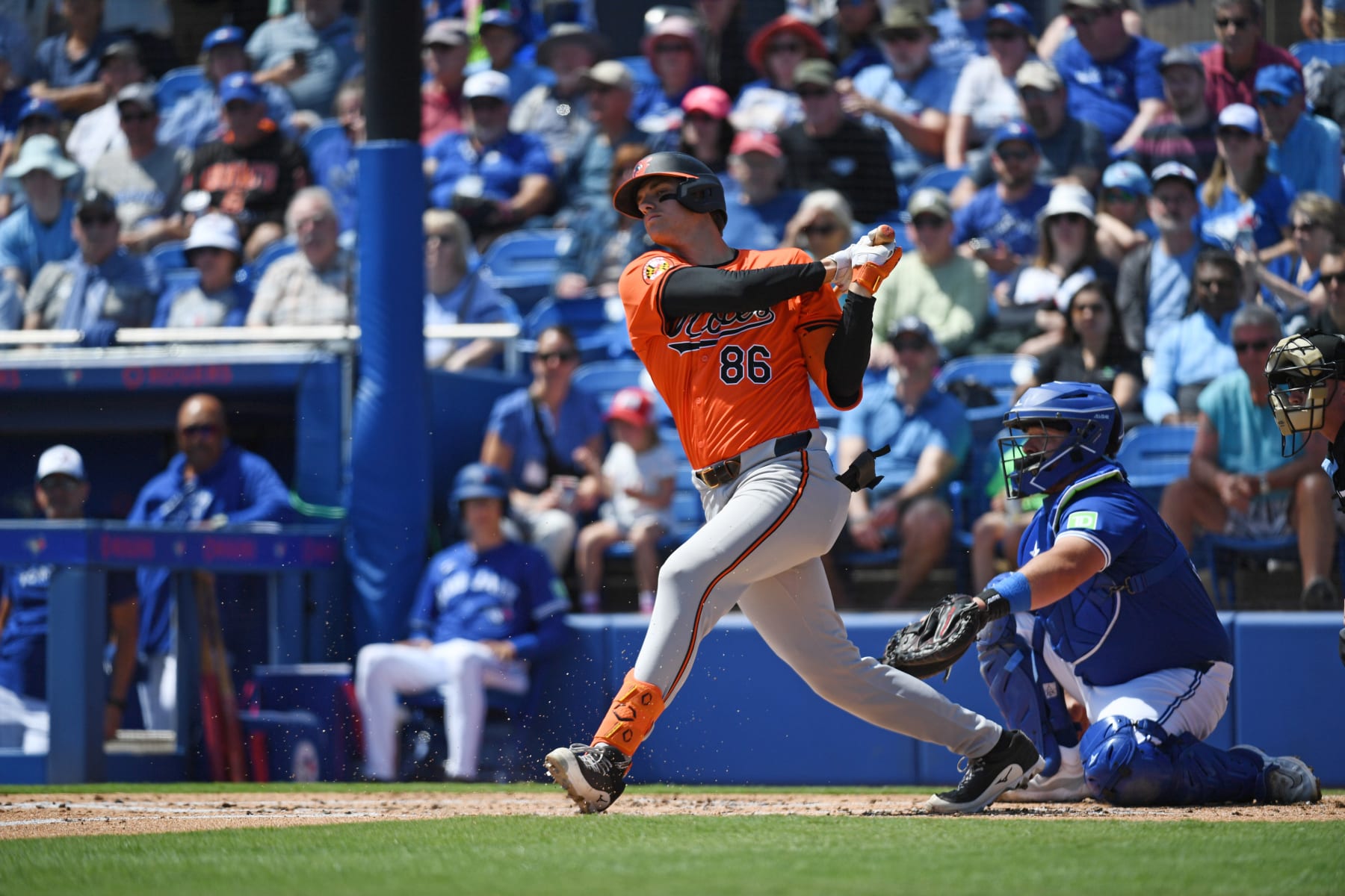 DUNEDIN, FLORIDA - MARCH 19, 2024: Coby Mayo #86 of the Baltimore Orioles bats during the second inning of a spring training game against the Toronto Blue Jays at TD Ballpark on March 19, 2024 in Dunedin, Florida. (Photo by George Kubas/Diamond Images via Getty Images)
