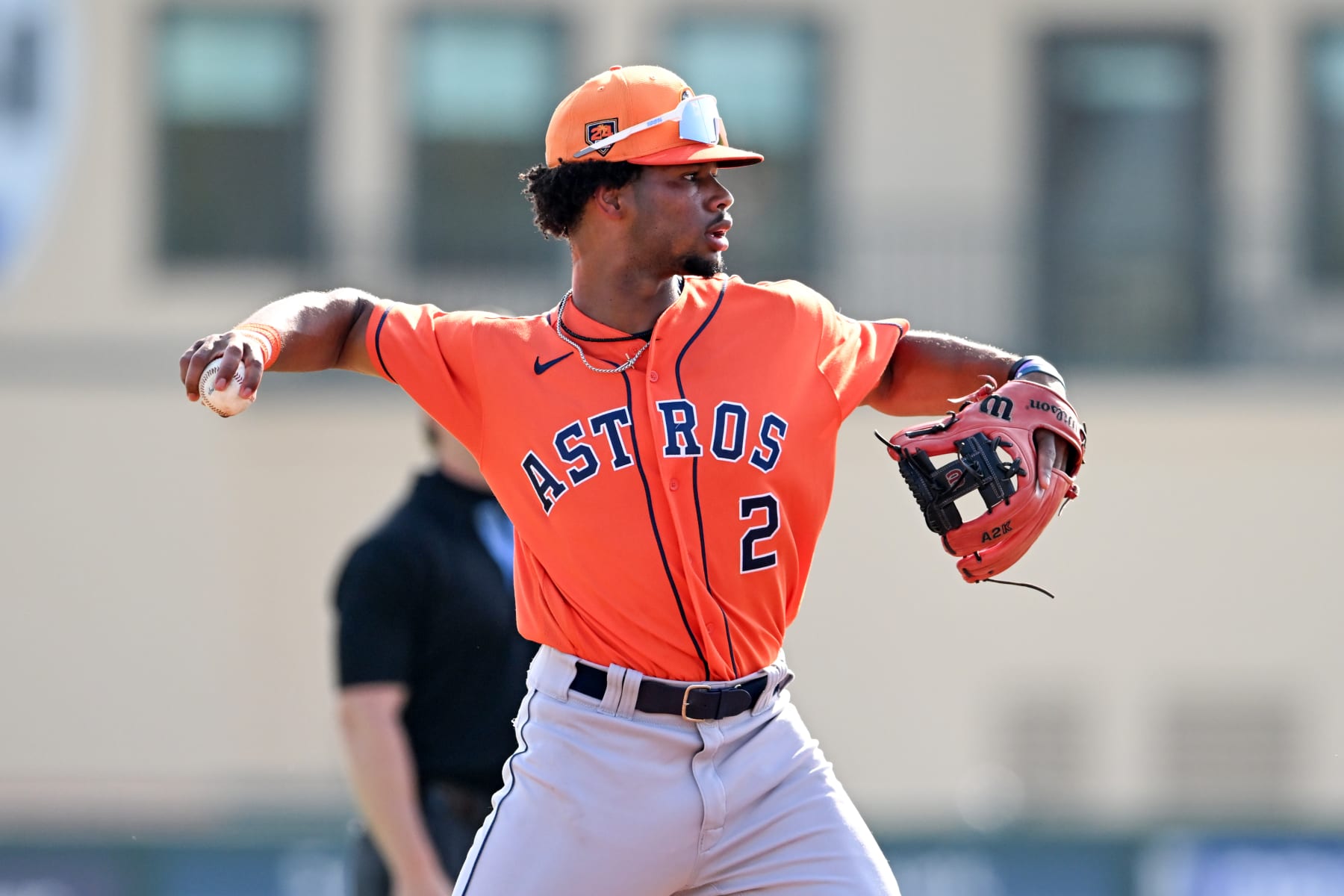 JUPITER, FLORIDA - MARCH 17, 2024: Brice Matthews #2 of the Houston Astros warms up during the first inning of a spring training Spring Breakout game against the St. Louis Cardinals at Roger Dean Chevrolet Stadium on March 17, 2024 in Jupiter, Florida. (Photo by Nick Cammett/Diamond Images via Getty Images)