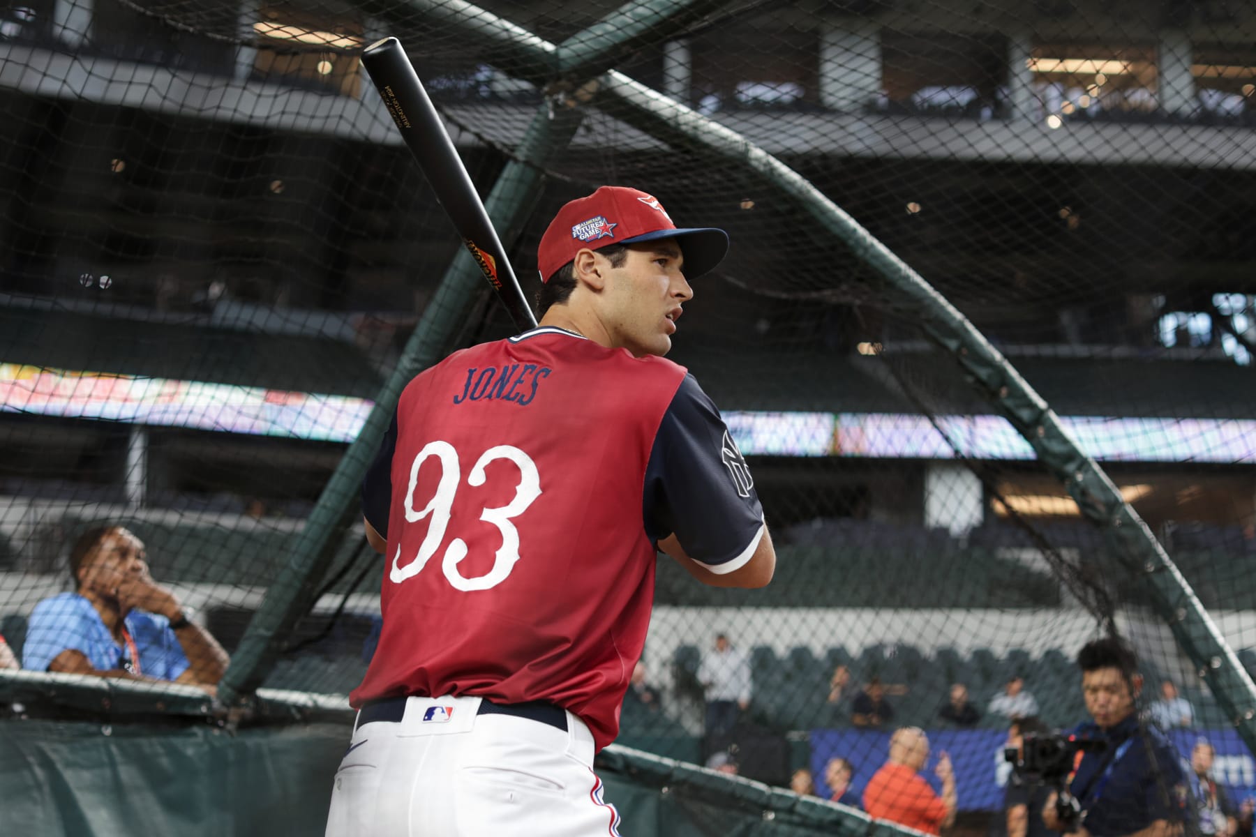 ARLINGTON, TX - JULY 13: Spencer Jones #93 of the New York Yankees takes batting practice prior to the 2024 All-Star Futures Game at Globe Life Field on Saturday, July 13, 2024 in Arlington, Texas. (Photo by Rob Tringali/MLB Photos via Getty Images)