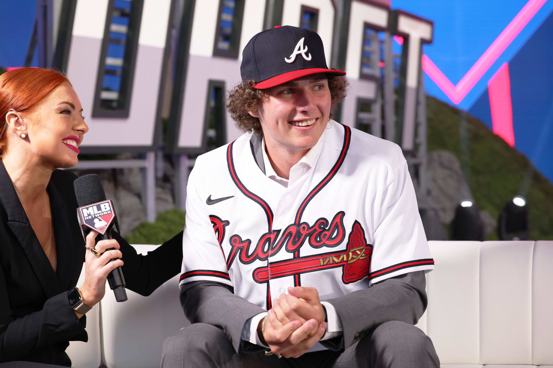 LOS ANGELES, CA - JULY 17: JR Ritchie looks on during an interview with Lauren Gardner after being selected 35th overall by the Atlanta Braves during the 2022 Major League Baseball Draft at L.A. Live on Sunday, July 17, 2022 in Los Angeles, California. (Photo by Mary DeCicco/MLB Photos via Getty Images)