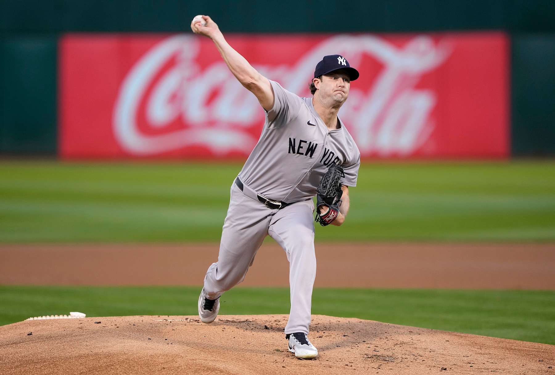 OAKLAND, CALIFORNIA - SEPTEMBER 20: Gerrit Cole #45 of the New York Yankees pitches against the Oakland Athletics in the bottom of the first inning at the Oakland Coliseum on September 20, 2024 in Oakland, California. (Photo by Thearon W. Henderson/Getty Images)