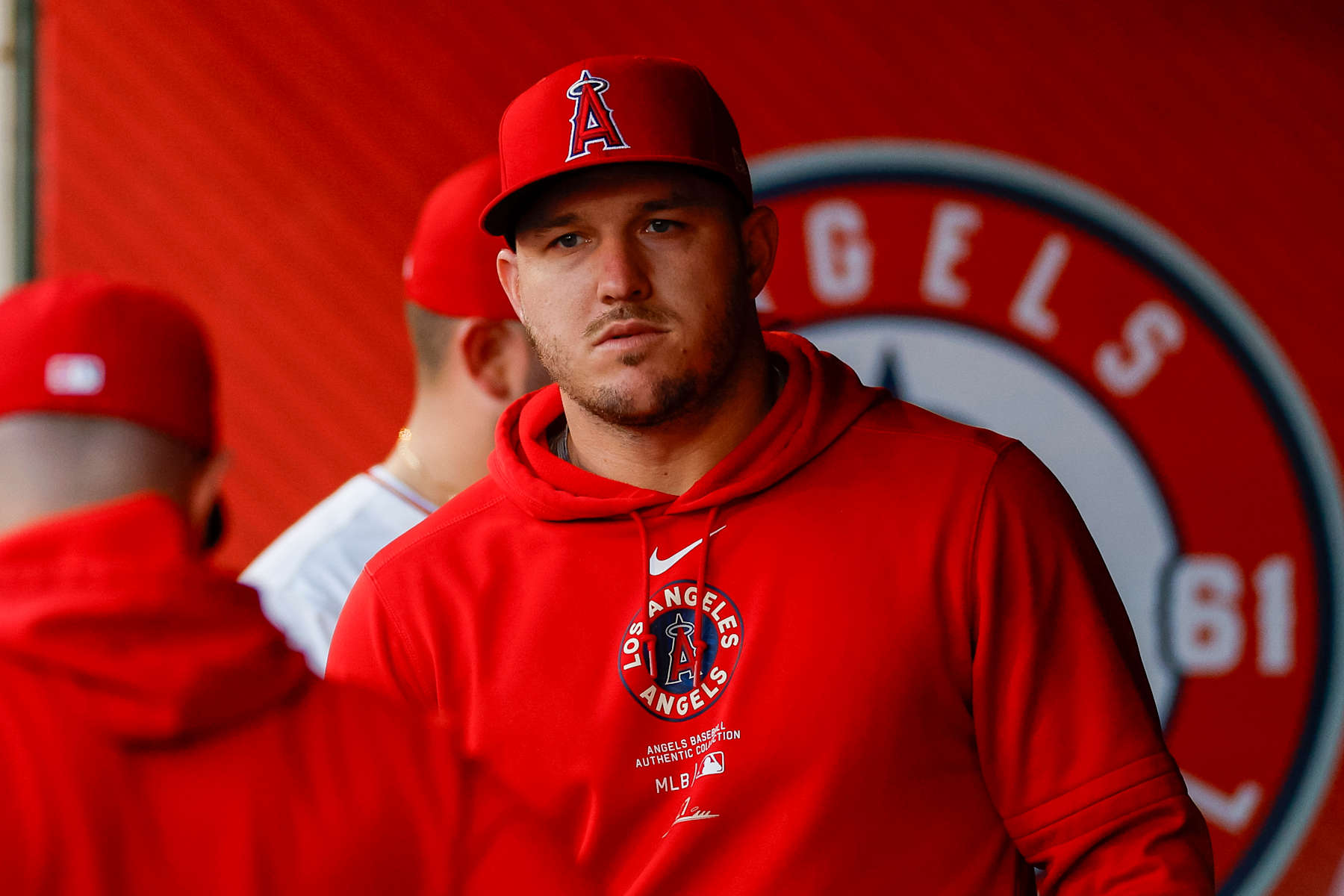 ANAHEIM, CALIFORNIA - MAY 29: Mike Trout #27 of the Los Angeles Angels looks on in the dugout during a game against the New York Yankees at Angel Stadium of Anaheim on May 29, 2024 in Anaheim, California. (Photo by Brandon Sloter/Getty Images)