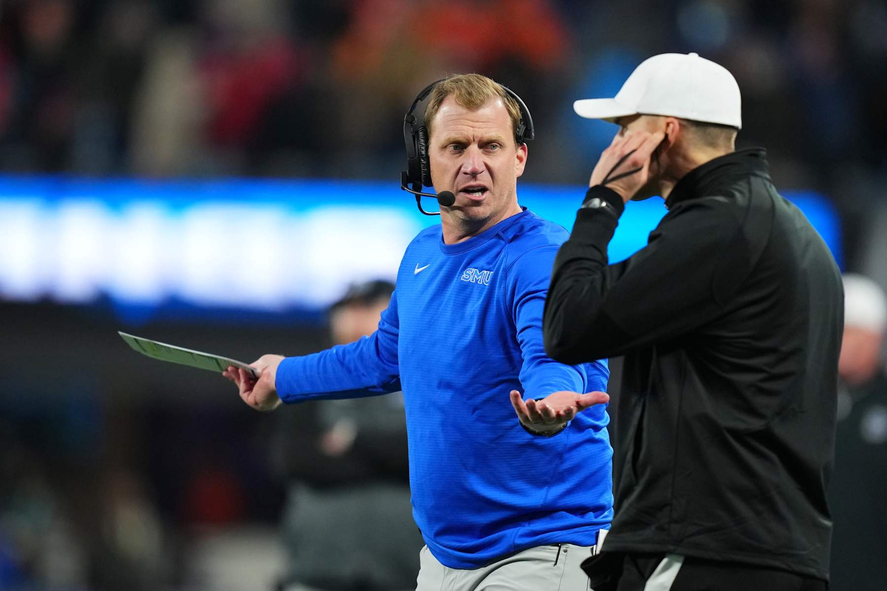 CHARLOTTE, NORTH CAROLINA - DECEMBER 07: Rhett Lashlee of the SMU Mustangs reacts during the fourth quarter of the 2024 ACC Football Championship at Bank of America Stadium on December 07, 2024 in Charlotte, North Carolina. (Photo by Grant Halverson/Getty Images)