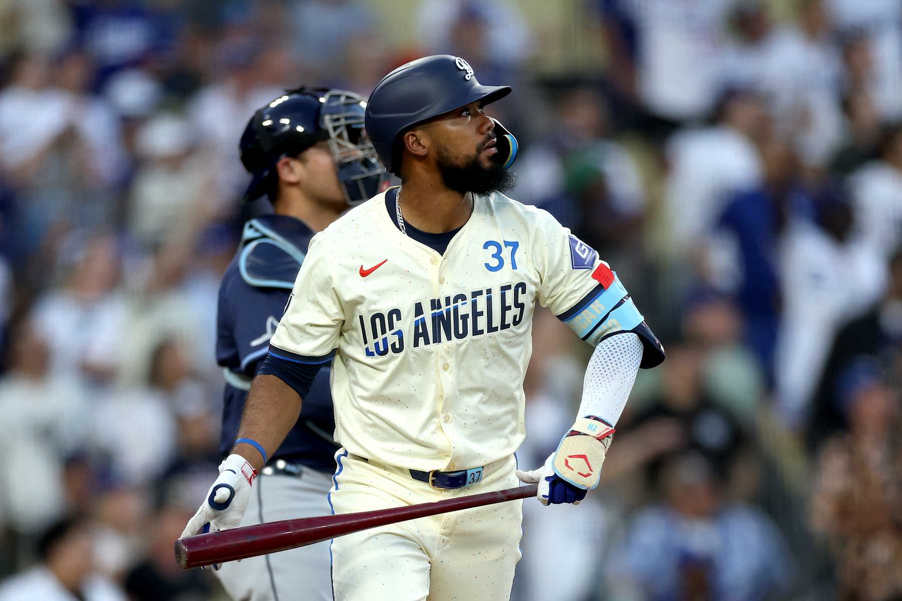 LOS ANGELES, CALIFORNIA - AUGUST 24: Teoscar Hernández #37 of the Los Angeles Dodgers watches after hitting a two run home run during the fourth inning against the Tampa Bay Rays at Dodger Stadium on August 24, 2024 in Los Angeles, California. (Photo by Katelyn Mulcahy/Getty Images) LOS ANGELES, CALIFORNIA - AUGUST 24: Teoscar Hernández #37 of the Los Angeles Dodgers watches after hitting a two run home run during the fourth inning against the Tampa Bay Rays at Dodger Stadium on August 24, 2024 in Los Angeles, California. (Photo by Katelyn Mulcahy/Getty Images)