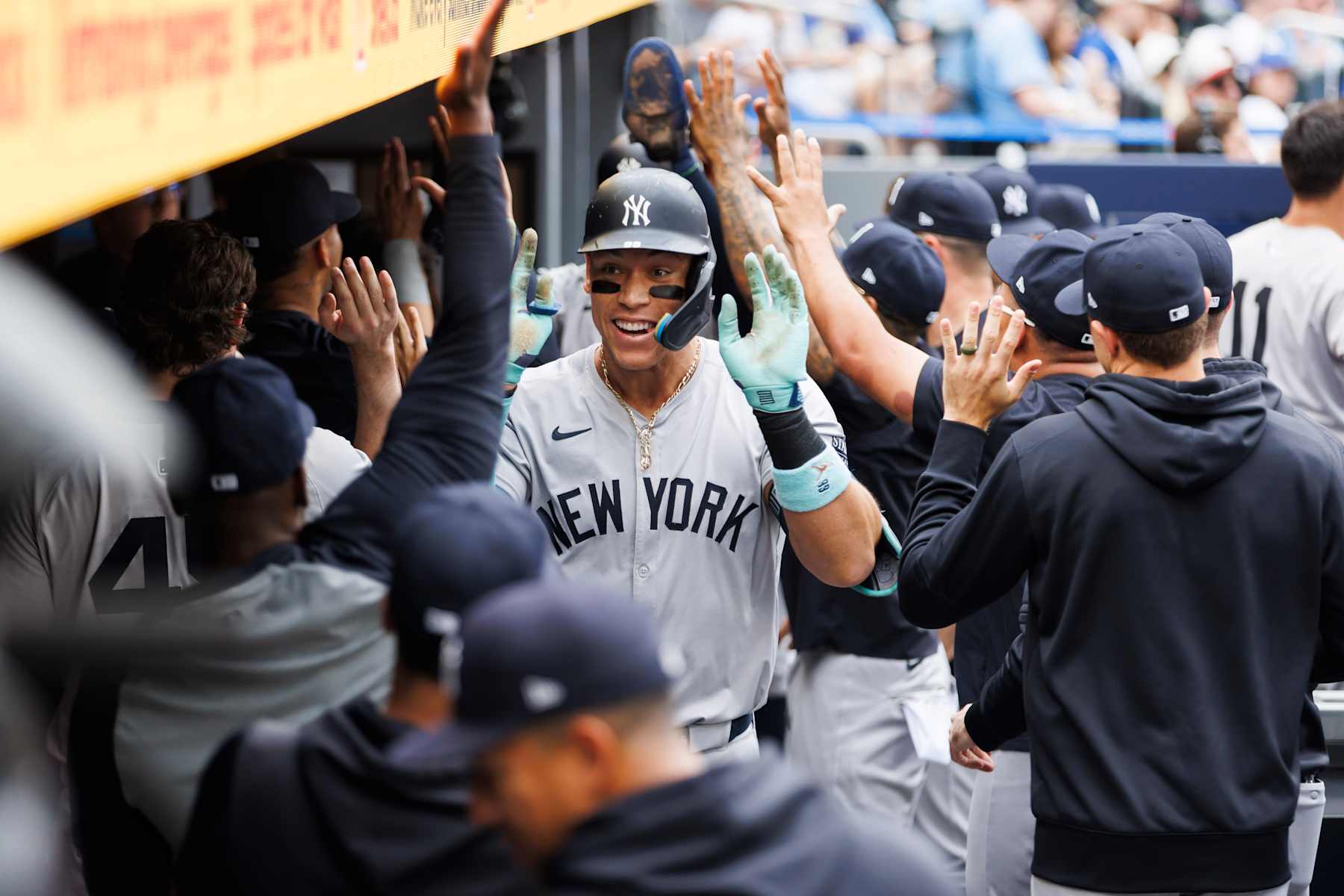 TORONTO, CANADA - JUNE 30: Aaron Judge #99 of the New York Yankees celebrates a two-run home run in the first inning of their MLB game against the Toronto Blue Jays at Rogers Centre on June 30, 2024 in Toronto, Ontario, Canada. (Photo by Cole Burston/Getty Images) TORONTO, CANADA - JUNE 30: Aaron Judge #99 of the New York Yankees celebrates a two-run home run in the first inning of their MLB game against the Toronto Blue Jays at Rogers Centre on June 30, 2024 in Toronto, Ontario, Canada. (Photo by Cole Burston/Getty Images)