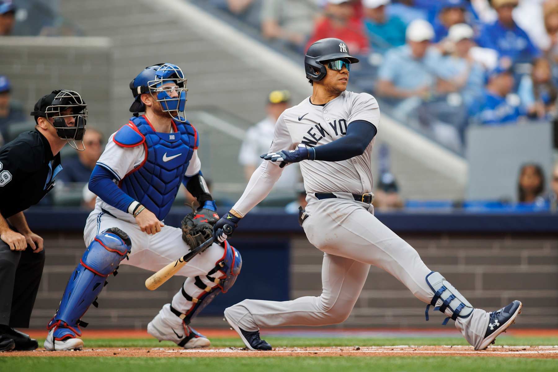 TORONTO, CANADA - JUNE 30: Juan Soto #22 of the New York Yankees in the first inning of their MLB game against the Toronto Blue Jays at Rogers Centre on June 30, 2024 in Toronto, Ontario, Canada. (Photo by Cole Burston/Getty Images)