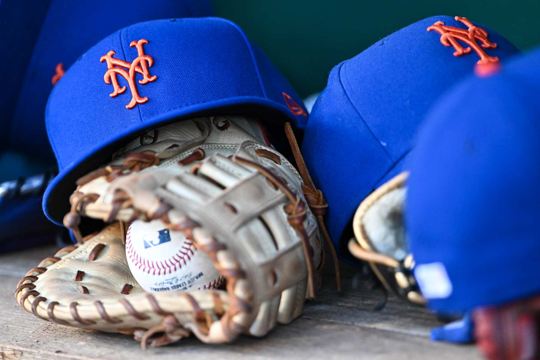 WASHINGTON, DC - JULY 01, 2024: A closeup view of a New York Mets hat during the third inning against the Washington Nationals at Nationals Park on July 01, 2024 in Washington, DC. (Photo by Chris Bernacchi/Diamond Images via Getty Images)