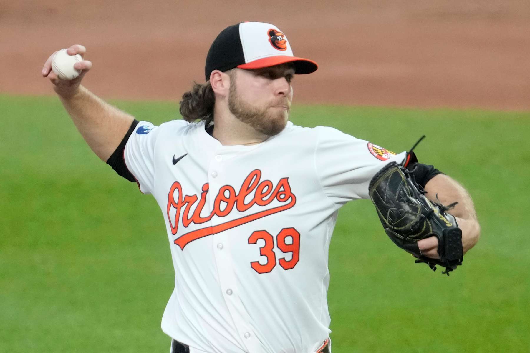 BALTIMORE, MD - JUNE 27:  Corbin Burnes #39 of the Baltimore Orioles pitches during a baseball game against Texas Rangers at the Oriole Park at Camden Yards on June 27, 2024 in Baltimore, Maryland.  (Photo by Mitchell Layton/Getty Images)