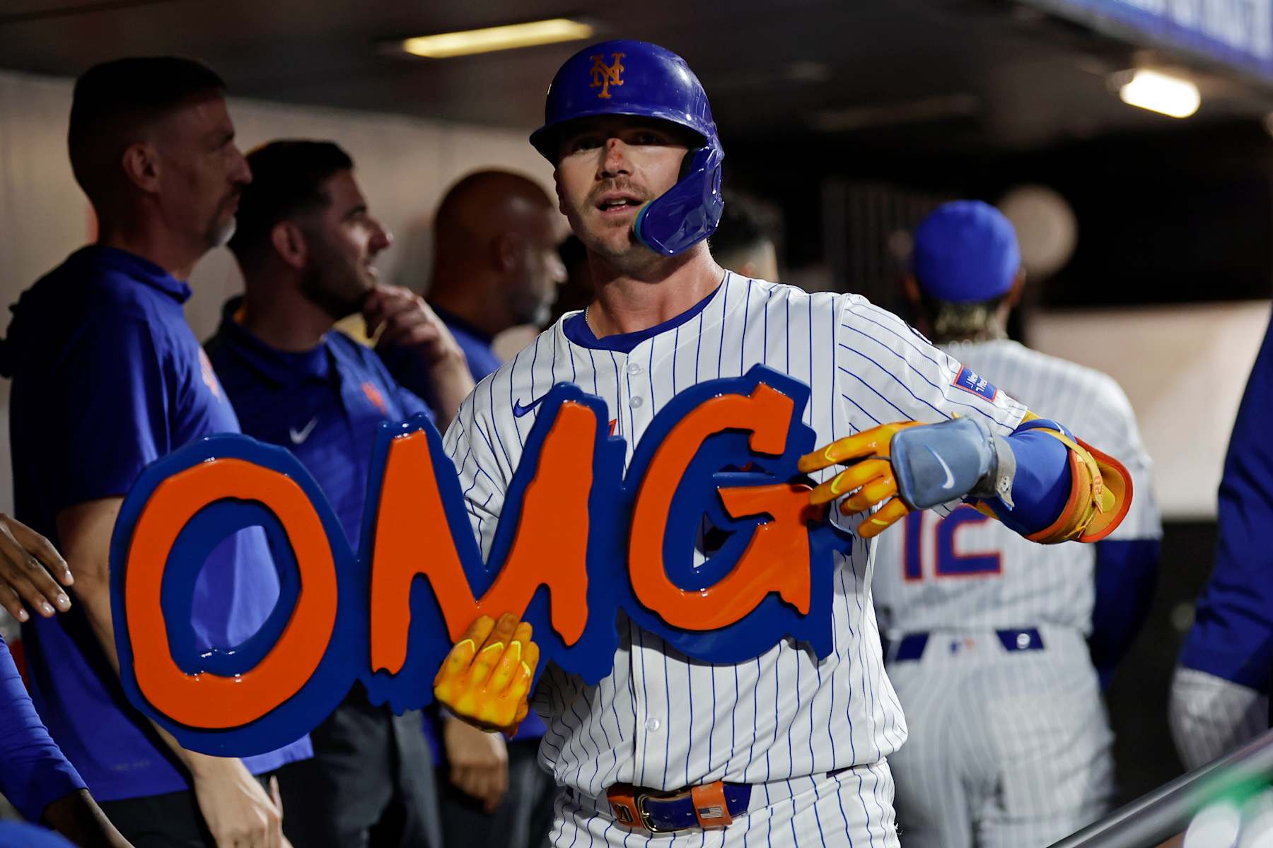 NEW YORK, NY - AUGUST 14: Pete Alonso #20 of the New York Mets reacts after hitting a home run during the fourth inning against the Oakland Athletics at Citi Field on August 14, 2024 in New York City. (Photo by Adam Hunger/Getty Images)