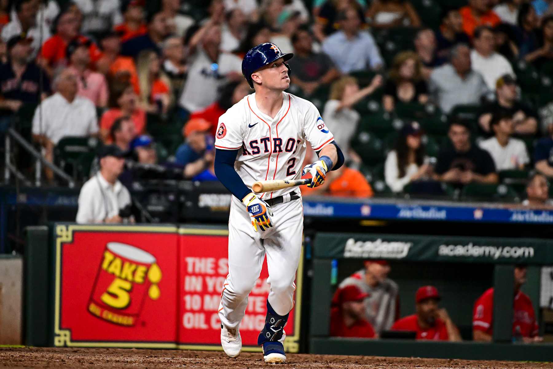 HOUSTON, TEXAS - MAY 21:Alex Bregman #2 of the Houston Astros bats against the Los Angeles Angels at Minute Maid Park on May 21, 2024 in Houston, Texas. (Photo by Logan Riely/Getty Images)