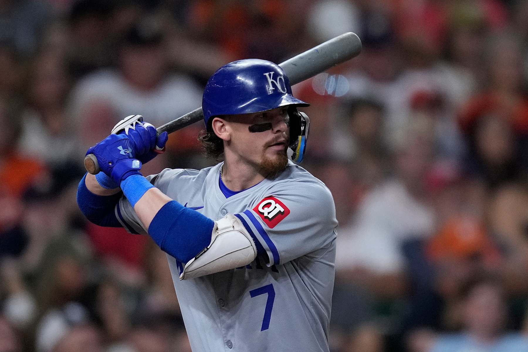 HOUSTON, TEXAS - AUGUST 31: Bobby Witt Jr. #7 of the Kansas City Royals bats in the sixth inning against the Houston Astros at Minute Maid Park on August 31, 2024 in Houston, Texas. (Photo by Kevin M. Cox/Getty Images)