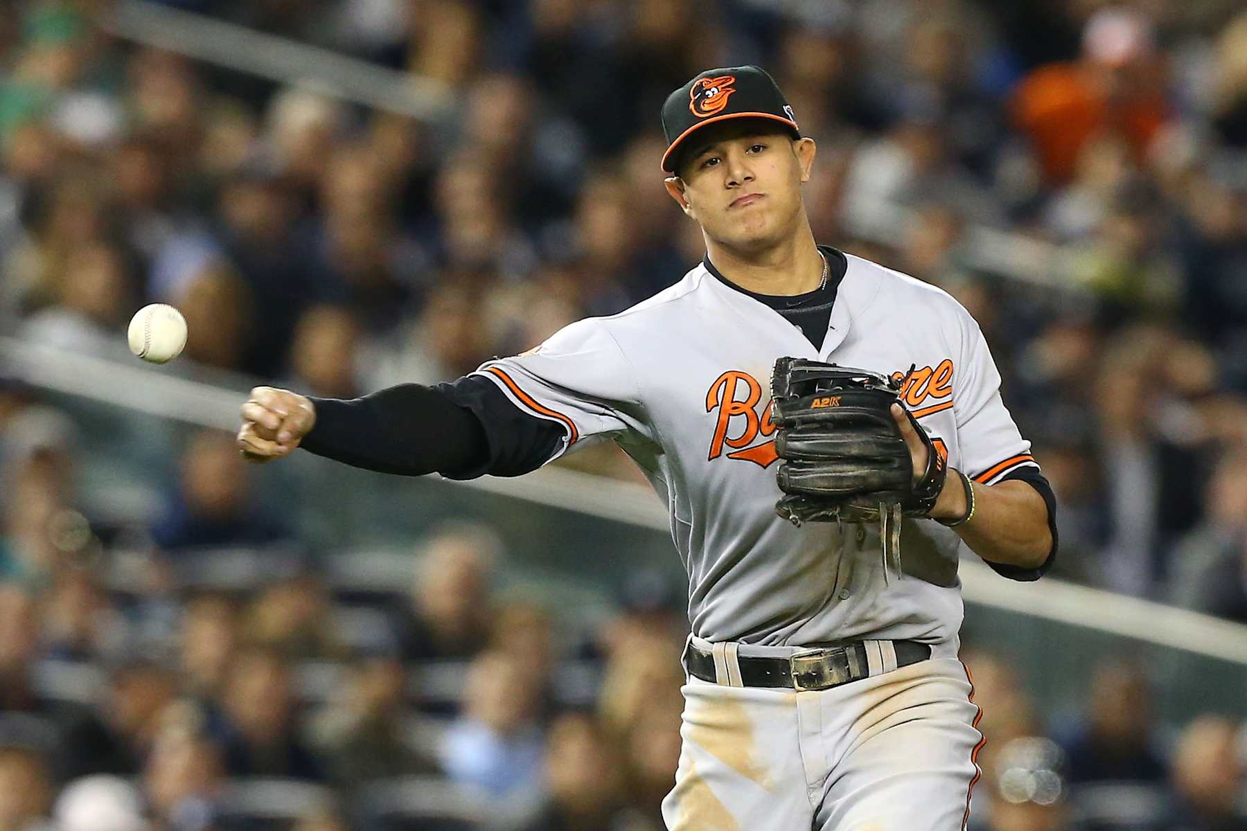 NEW YORK, NY - OCTOBER 10:  (NEW YORK DAILIES OUT)   Manny Machado #13 of the Baltimore Orioles in action against the New York Yankees during Game Three of the American League Division Series at Yankee Stadium on October 10, 2012 in the Bronx borough of New York City. The Yankees defeated the Orioles 3-2.  (Photo by Jim McIsaac/Getty Images) 