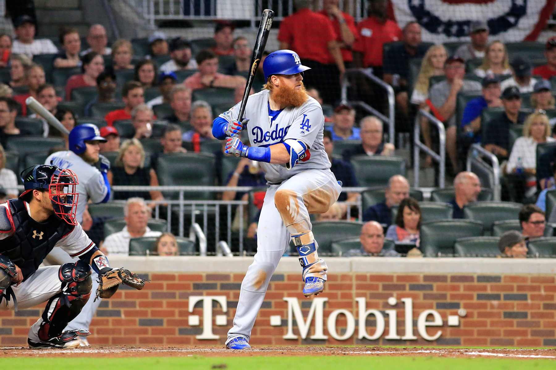 ATLANTA, GA - OCTOBER 07: Los Angeles Dodgers Third baseman Justin Turner (10) bats in the 5th inning during the Major League Baseball NLDS game between the Atlanta Braves and the Los Angeles Dodgers on October 7, 2018 at SunTrust Park in Atlanta, GA. (Photo by David John Griffin/Icon Sportswire via Getty Images)