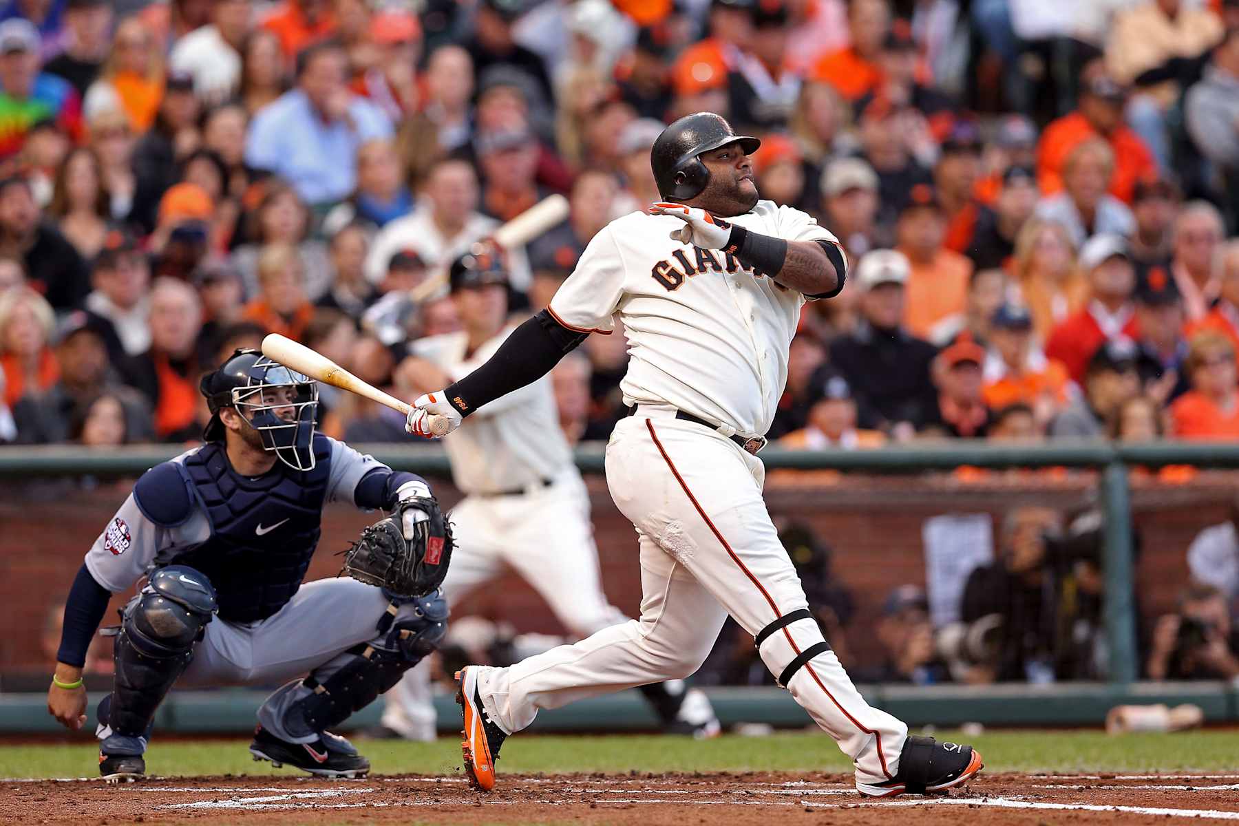 SAN FRANCISCO, CA - OCTOBER 24:  Pablo Sandoval #48 of the San Francisco Giants hits a solo home run to center field against Justin Verlander #35 of the Detroit Tigers in first inning during Game One of the Major League Baseball World Series at AT&T Park on October 24, 2012 in San Francisco, California.  (Photo by Christian Petersen/Getty Images)