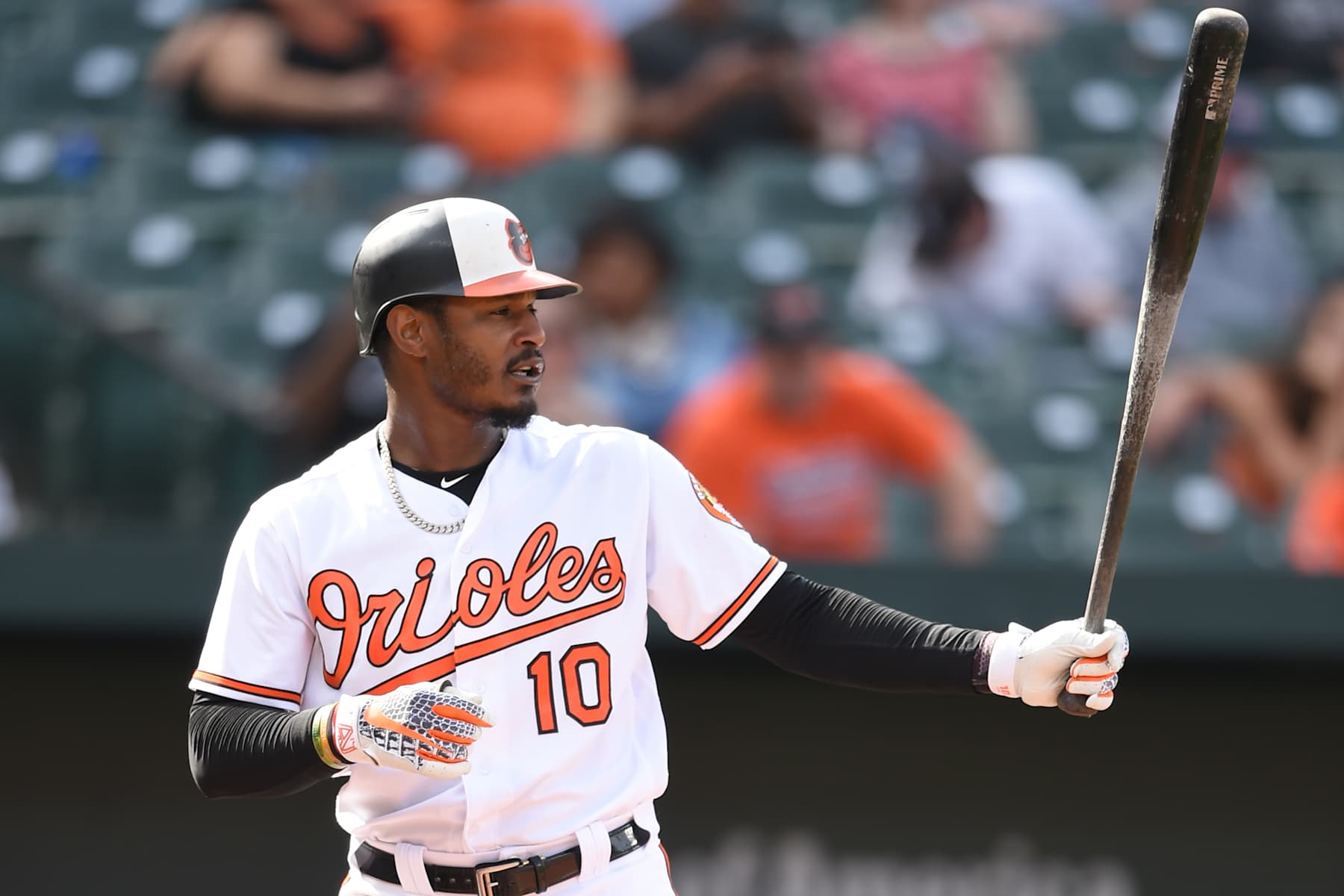 BALTIMORE, MD - SEPTEMBER 16:  Adam Jones #10 of the Baltimore Orioles prepares for a pitch during a baseball game against the Chicago White Sox at Oriole Park at Camden Yards on September 16, 2018 in Baltimore, Maryland.  (Photo by Mitchell Layton/Getty Images)