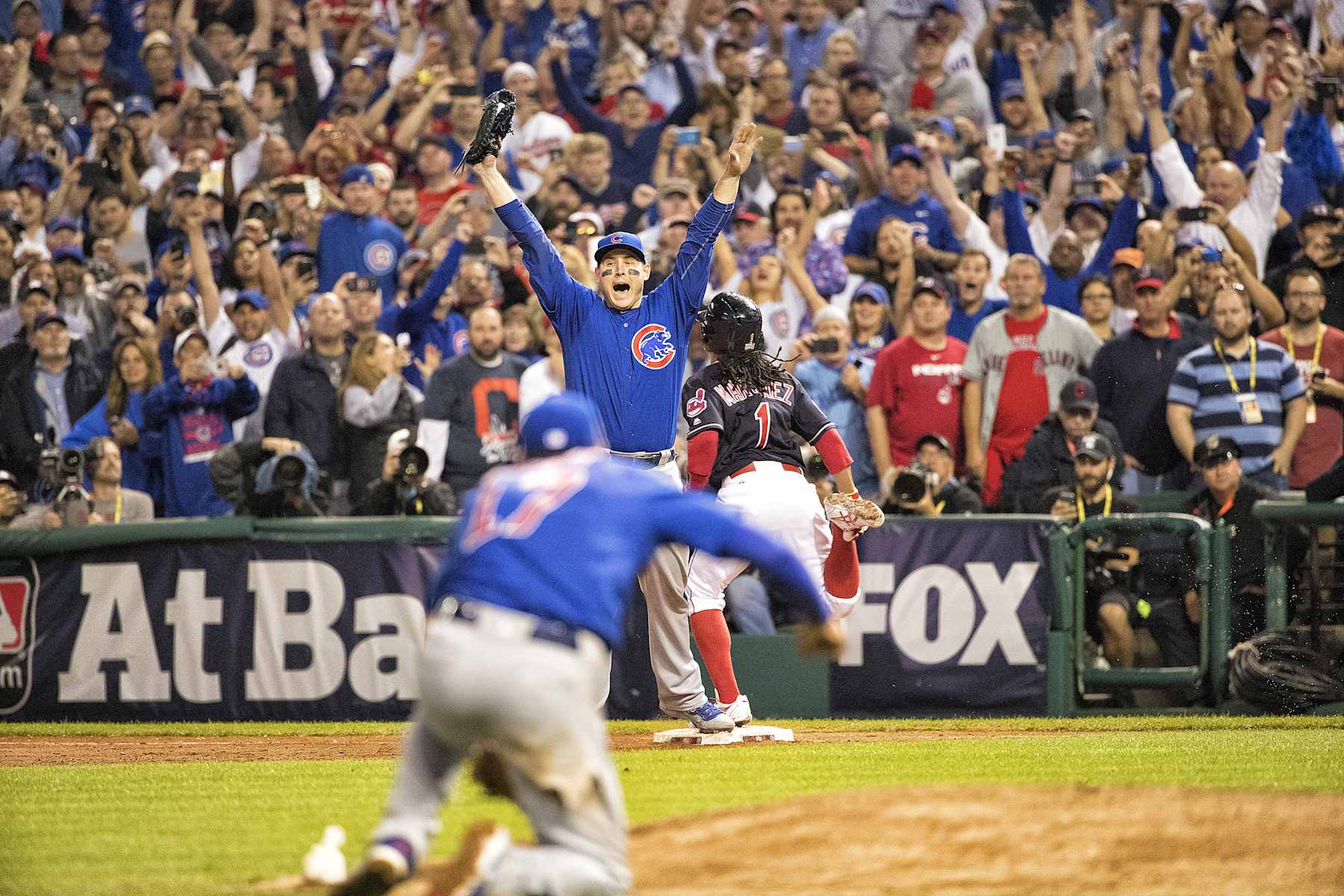 Baseball: World Series: Chicago Cubs Anthony Rizzo (44) victorious on field after recording final out in 10th inning to win Game 7 and championship series vs Cleveland Indians at Progressive Field.
Cleveland, OH 11/2/2016
CREDIT: Al Tielemans (Photo by Al Tielemans /Sports Illustrated via Getty Images)
(Set Number: SI597 TK7 )