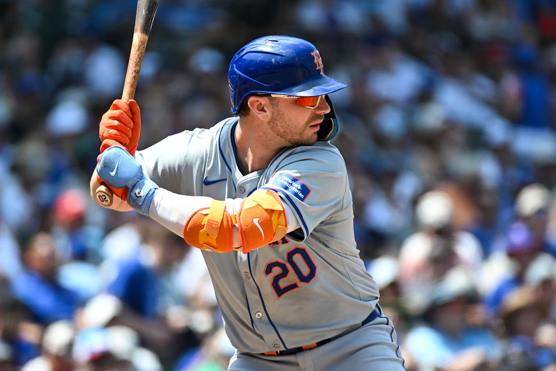 CHICAGO, ILLINOIS - JUNE 21, 2024: Pete Alonso #20 of the New York Mets bats during the third inning against the Chicago Cubs at Wrigley Field on June 21, 2024 in Chicago, Illinois. (Photo by David Durochik/Diamond Images via Getty Images)