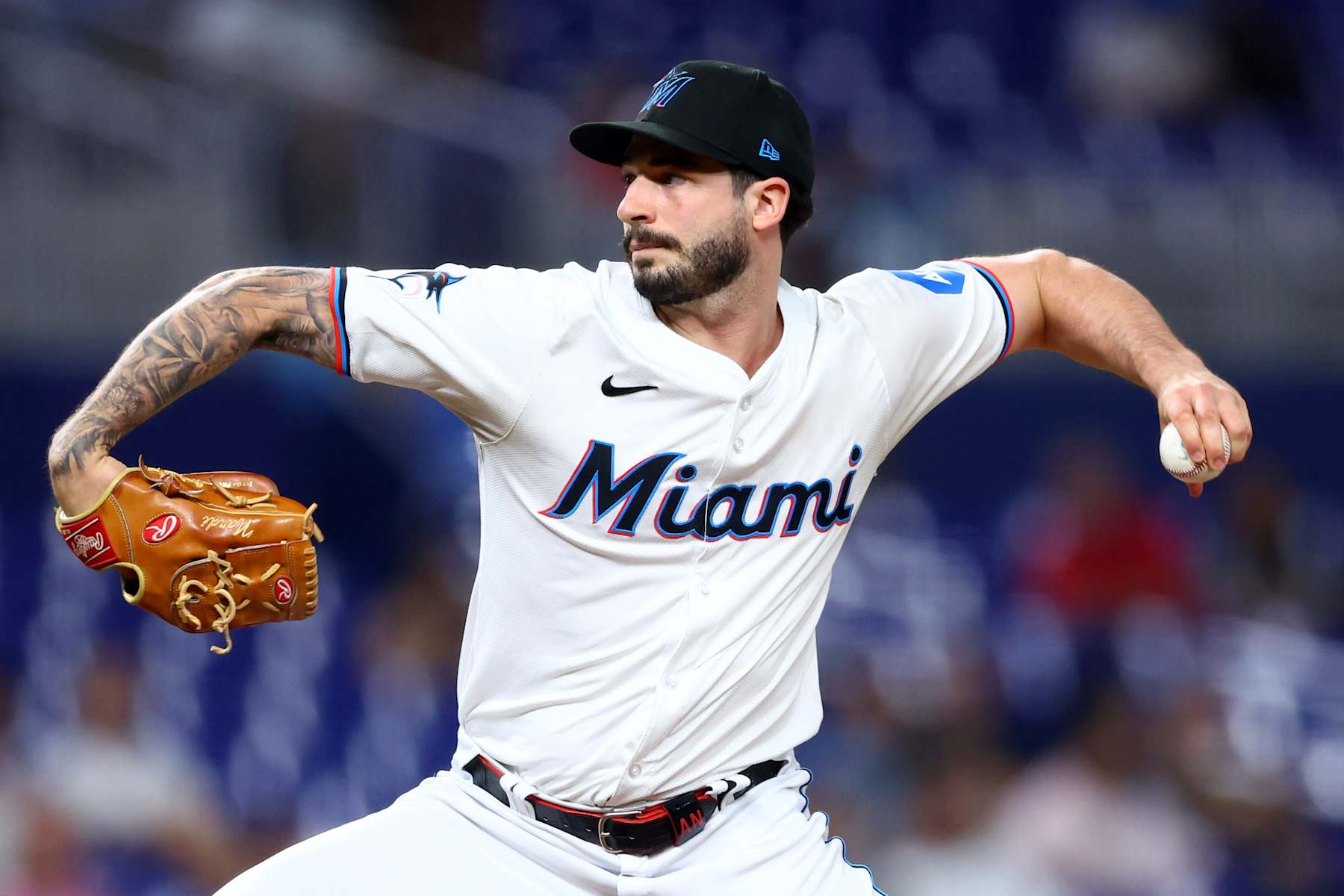 MIAMI, FLORIDA - AUGUST 21: Andrew Nardi #43 of the Miami Marlins pitches against the Arizona Diamondbacks during the seventh inning of the game at loanDepot park on August 21, 2024 in Miami, Florida. (Photo by Megan Briggs/Getty Images)