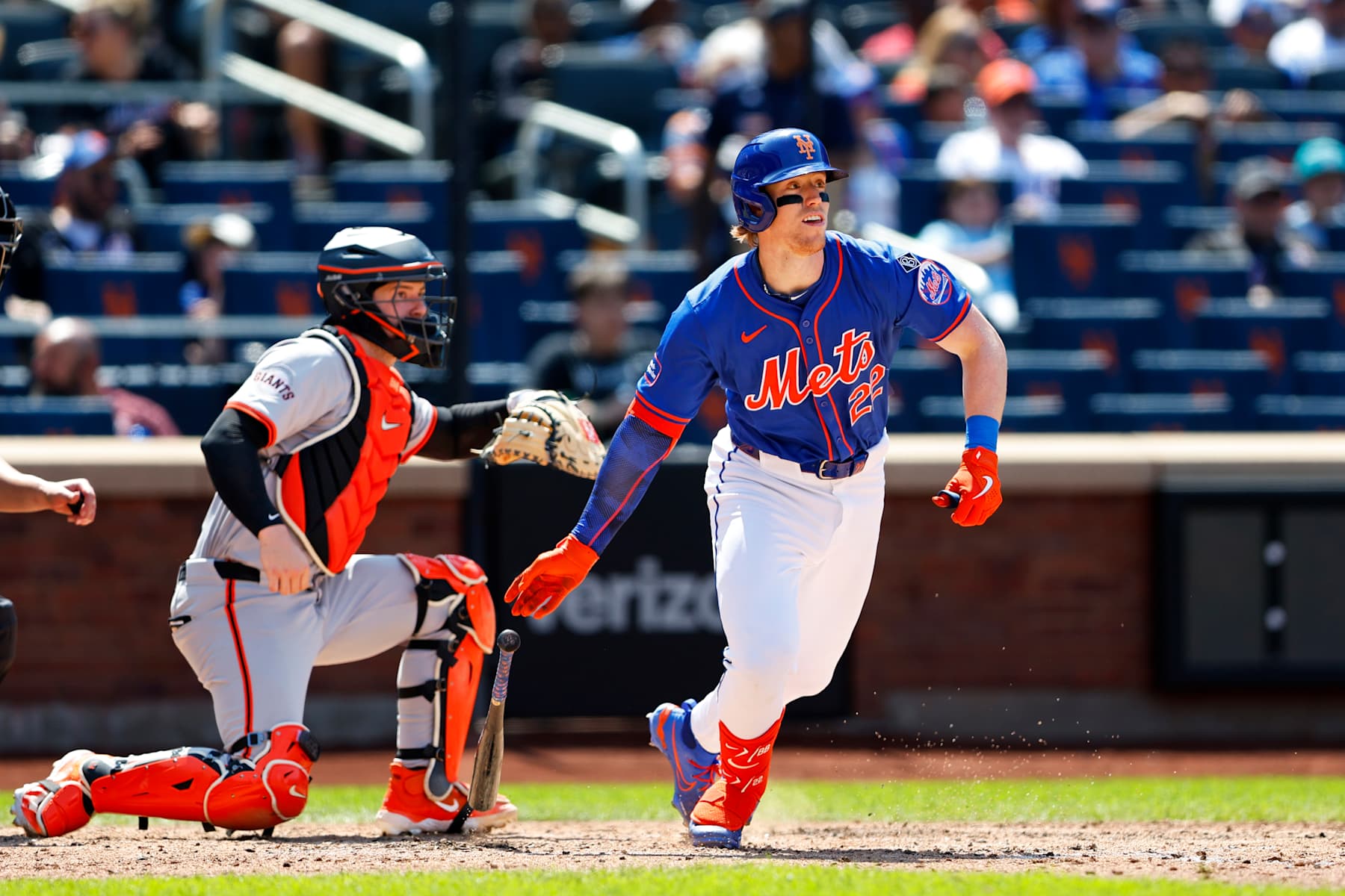 NEW YORK, NEW YORK - MAY 26: Brett Baty #22 of the New York Mets in action against the San Francisco Giants during a game at Citi Field on May 26, 2024 in New York City. (Photo by Rich Schultz/Getty Images)