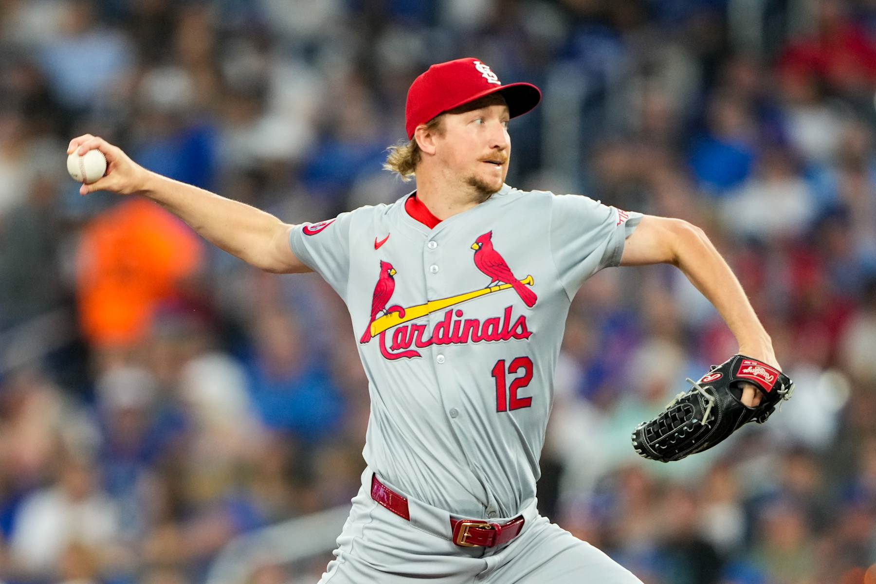 TORONTO, CANADA - September 13: Erick Fedde #12 of the St. Louis Cardinals pitches to the Toronto Blue Jays during the first inning at Rogers Centre on September 13, 2024 in Toronto, Canada. (Photo by Kevin Sousa/Getty Images)