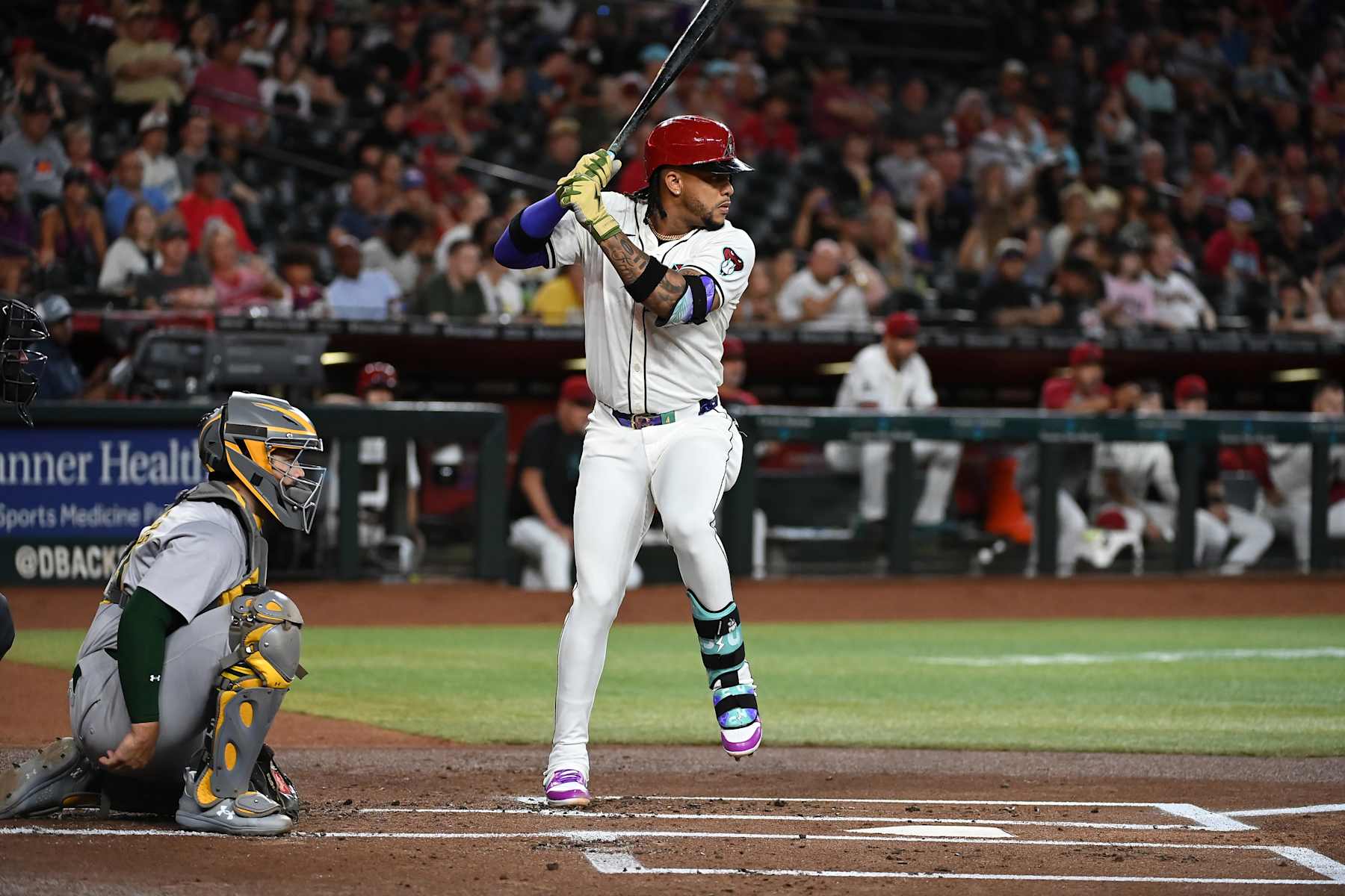 PHOENIX, ARIZONA - JUNE 28: Ketel Marte #4 of the Arizona Diamondbacks gets ready in the batters box against the Oakland Athletics at Chase Field on June 28, 2024 in Phoenix, Arizona. (Photo by Norm Hall/Getty Images)