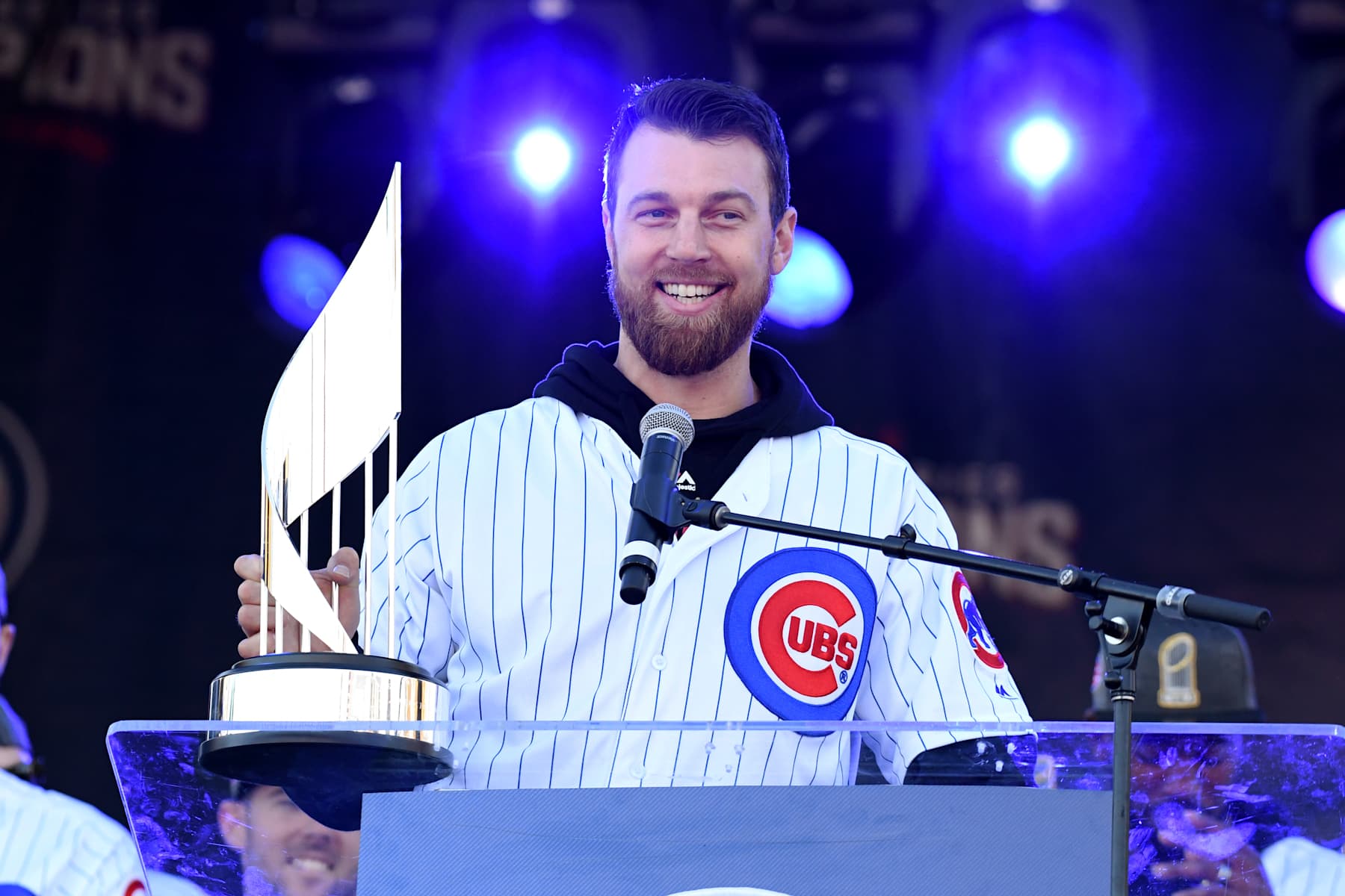 CHICAGO, IL - NOVEMBER 04: Chicago Cubs second baseman Ben Zobrist smiles with the World Series MVP trophy during the Chicago Cubs World Series victory rally on November 4, 2016, at Grant Park in Chicago, IL. (Photo by Patrick Gorski/Icon Sportswire via Getty Images)