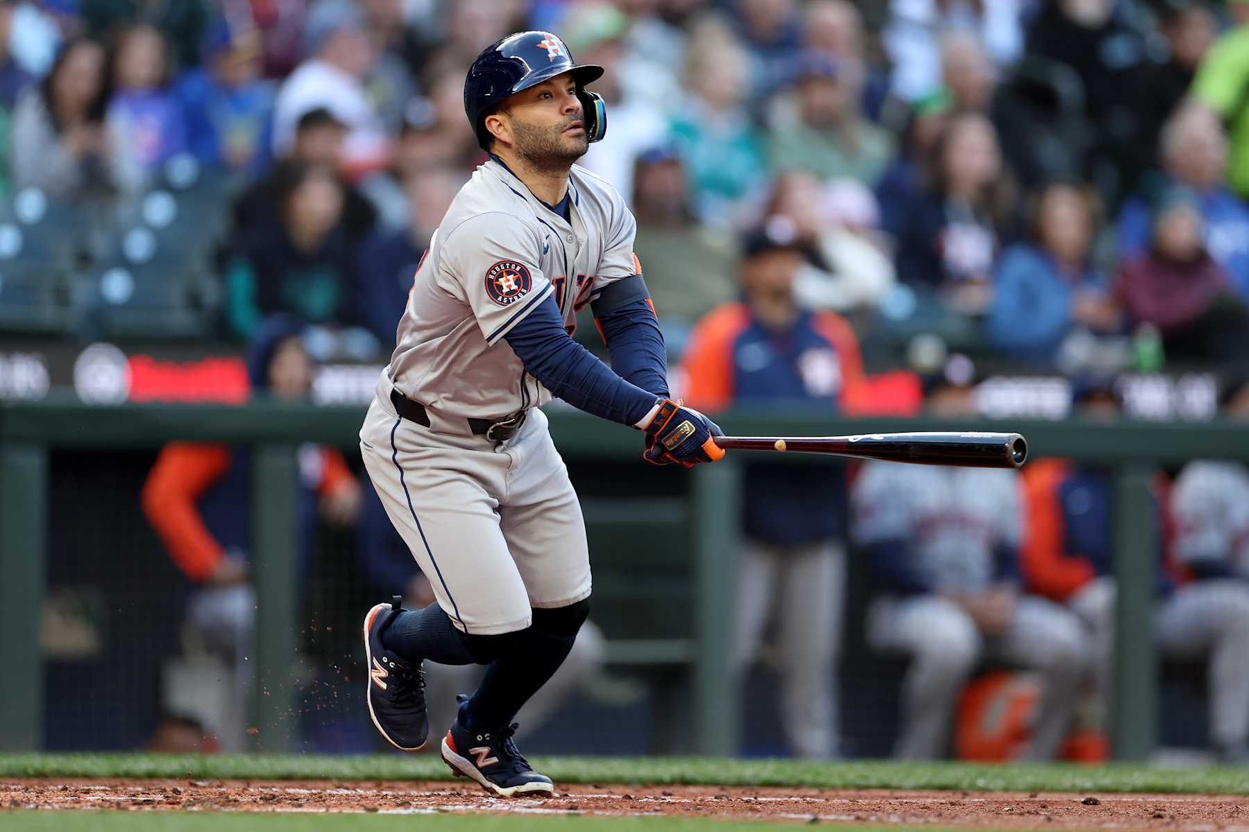 SEATTLE, WASHINGTON - MAY 28: Jose Altuve #27 of the Houston Astros at bat against the Seattle Mariners at T-Mobile Park on May 28, 2024 in Seattle, Washington. (Photo by Steph Chambers/Getty Images)