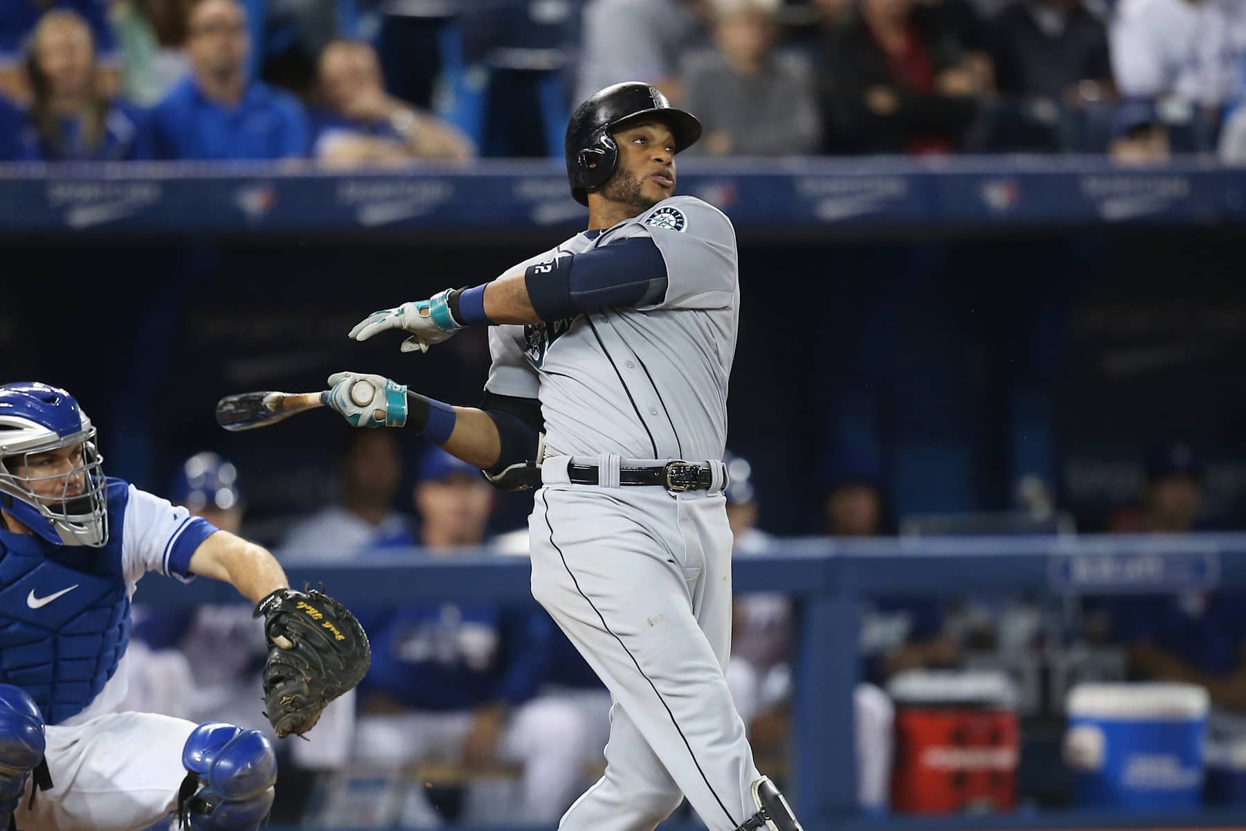 TORONTO, CANADA - SEPTEMBER 23: Robinson Cano #22 of the Seattle Mariners bats in the eighth inning during MLB game action against the Toronto Blue Jays on September 23, 2014 at Rogers Centre in Toronto, Ontario, Canada. (Photo by Tom Szczerbowski/Getty Images)