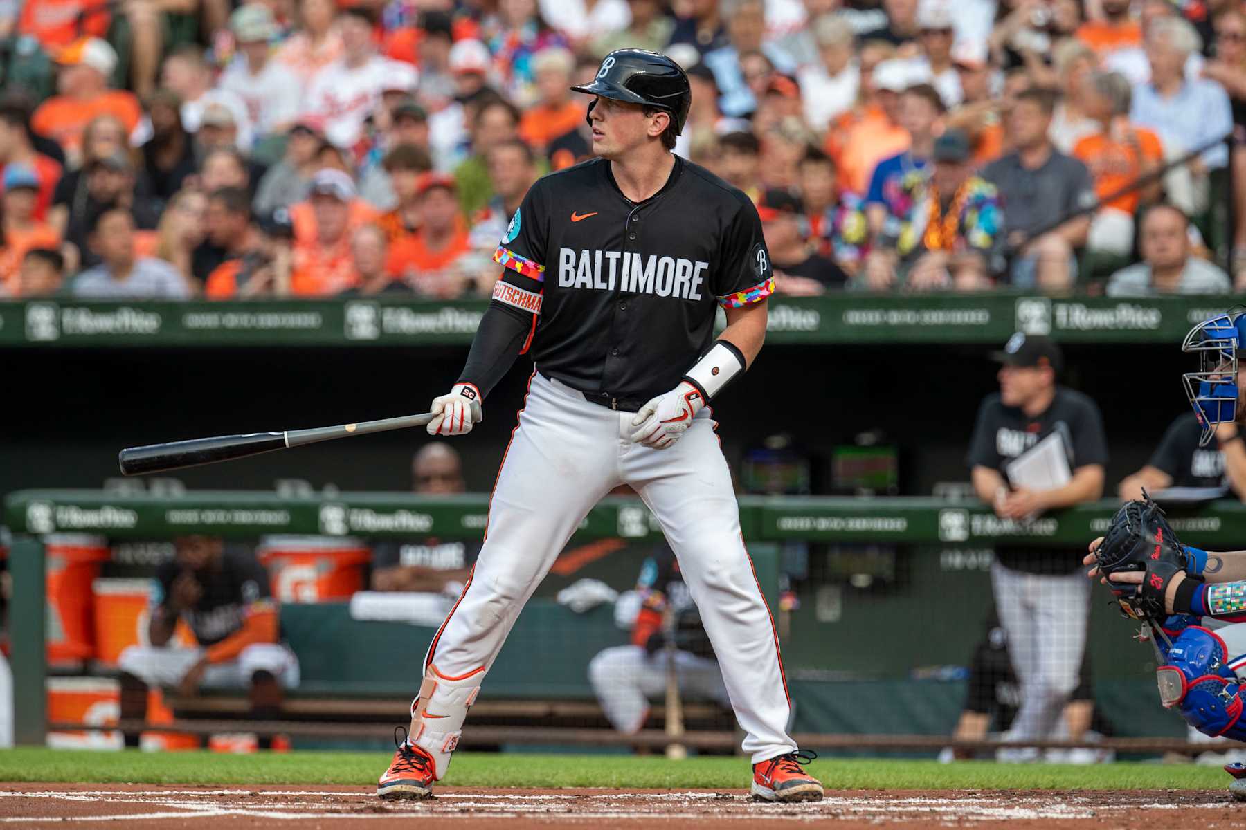 BALTIMORE, MD - JUNE 29: Baltimore Orioles catcher Adley Rutschman (35) stands in the batter's box during the Texas Rangers versus Baltimore Orioles MLB game at Orioles Park at Camden Yards on June 29, 2024, in Baltimore, MD. (Photo by Charles Brock/Icon Sportswire via Getty Images)