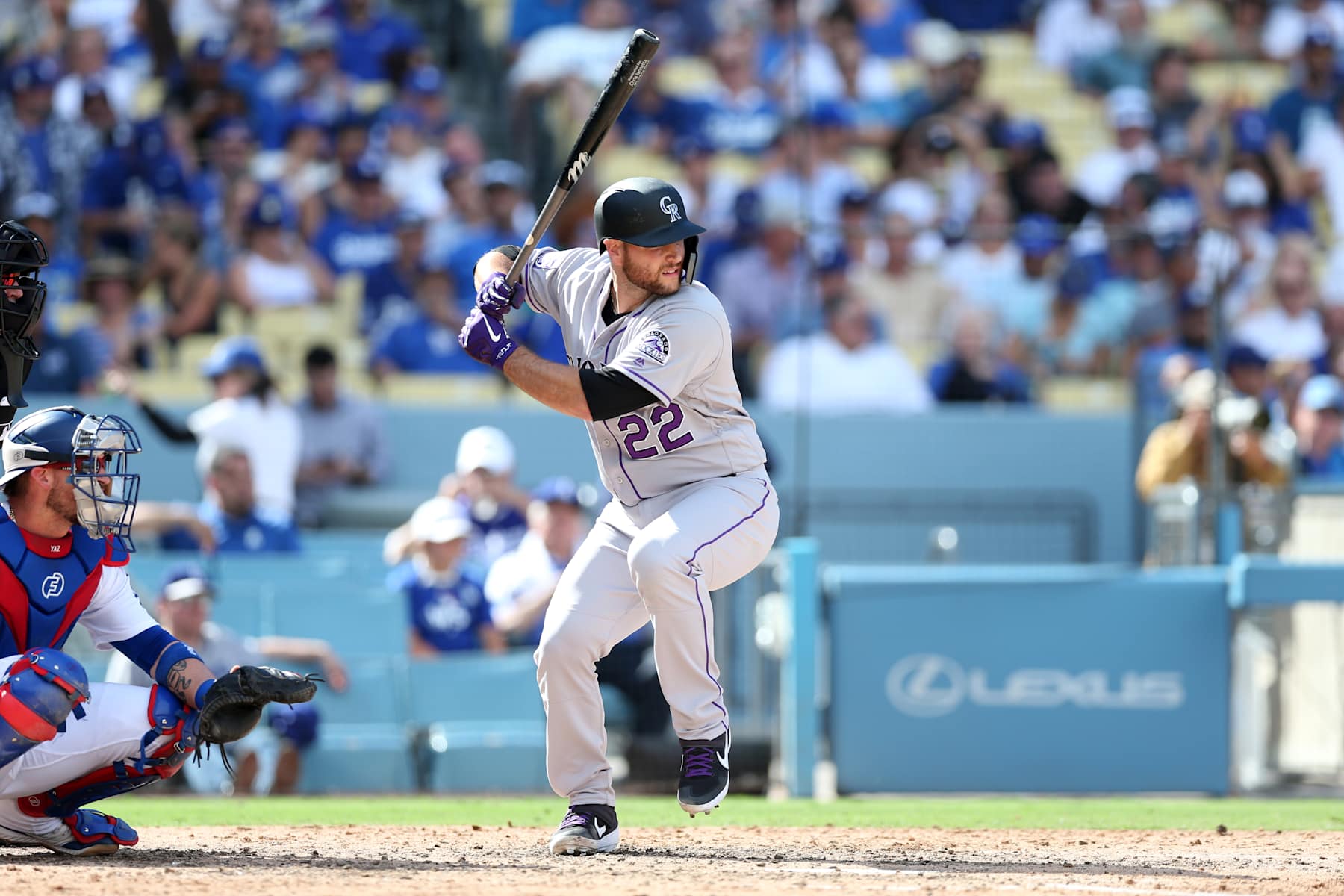 LOS ANGELES, CA - OCTOBER 1:  Chris Iannetta #22 of the Colorado Rockies bats during the game against the Los Angeles Dodgers at Dodger Stadium on Monday, October 1, 2018 in Los Angeles, California. (Photo by Rob Letter/MLB via Getty Images) 
