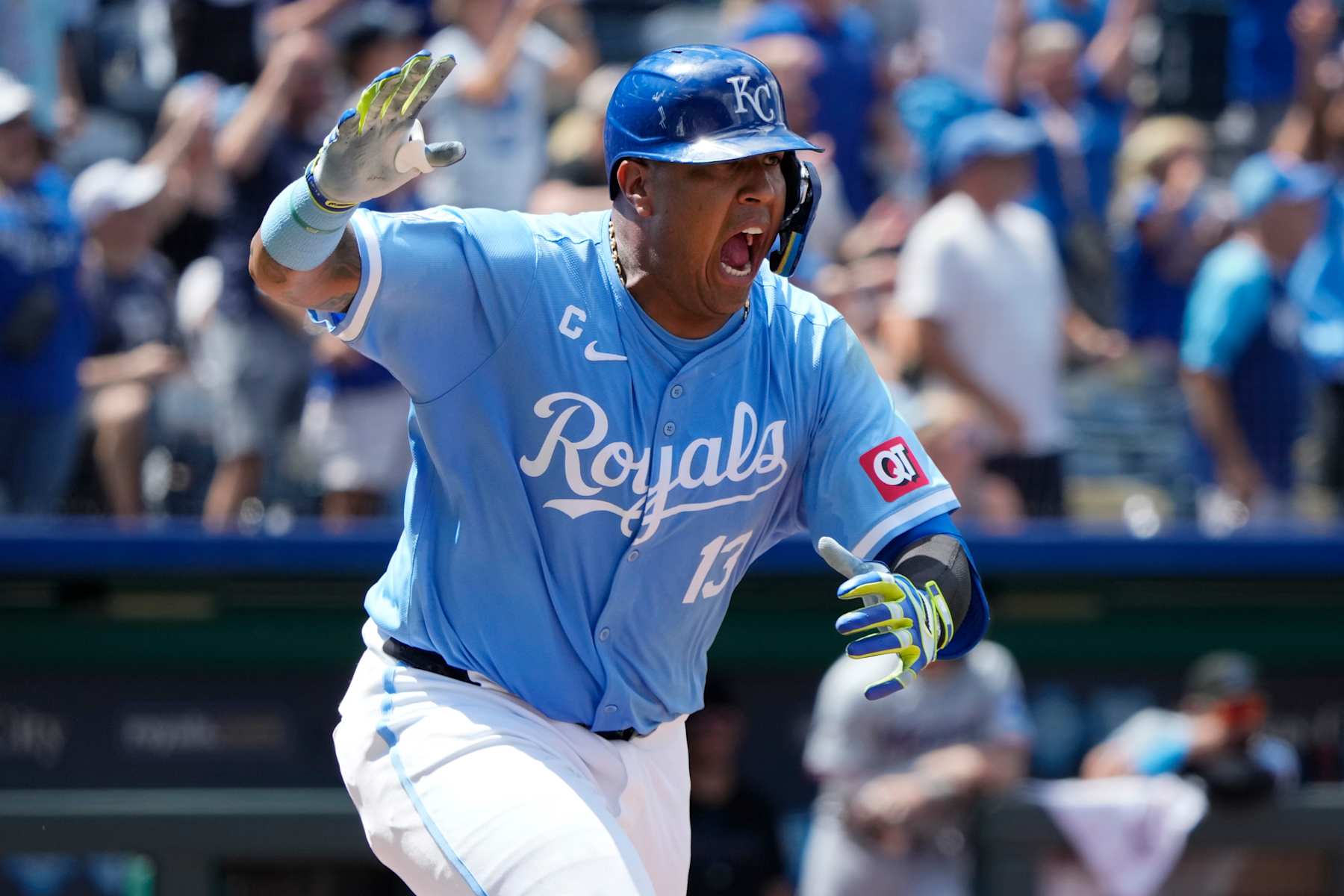 KANSAS CITY, MISSOURI - JUNE 26:  Salvador Perez #13 of the Kansas City Royals celebrates an RBI double against the Miami Marlins in the eighth inning at Kauffman Stadium on June 26, 2024 in Kansas City, Missouri. (Photo by Ed Zurga/Getty Images)
