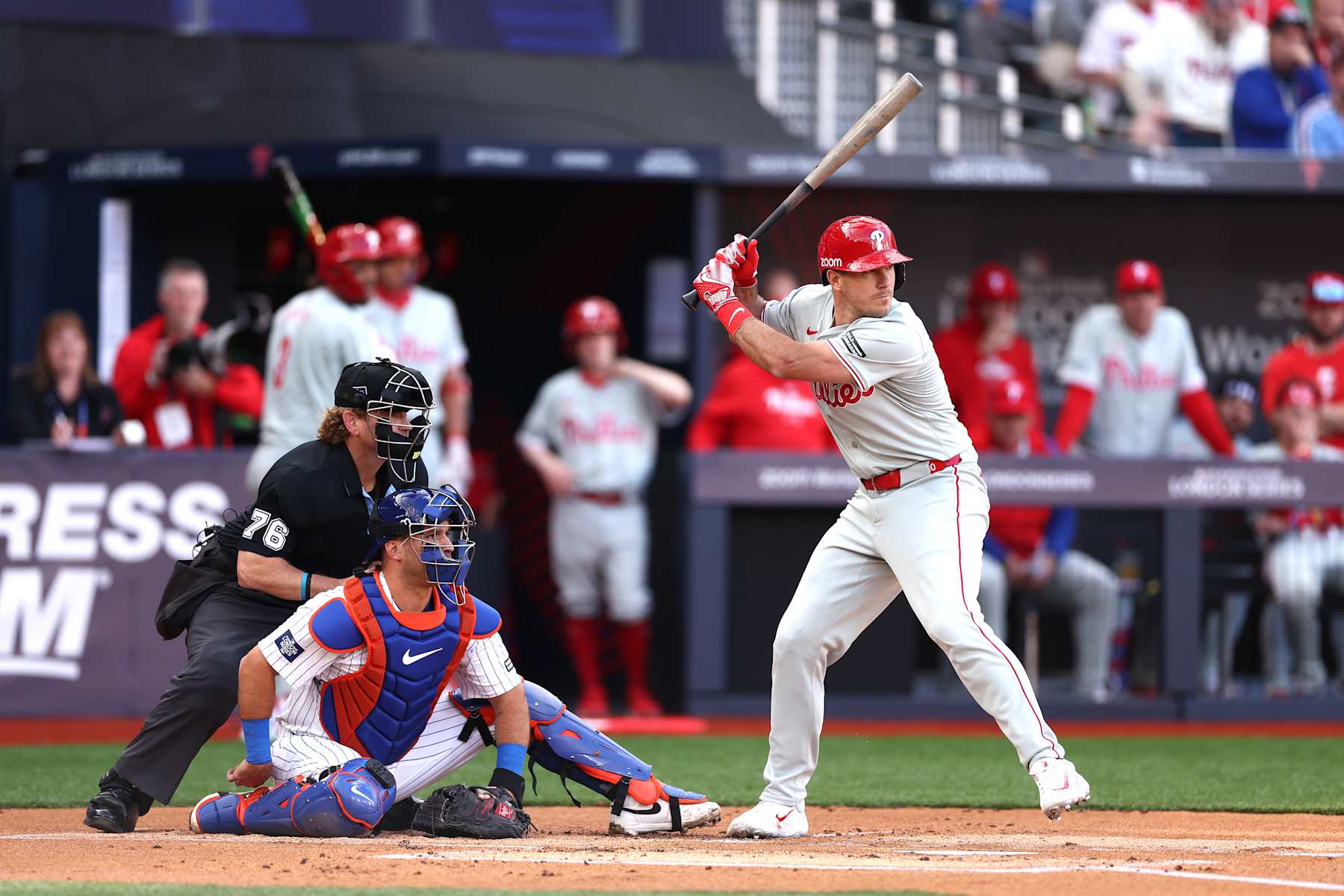 LONDON, ENGLAND - JUNE 08: J.T. Realmuto #10 of the Philadelphia Phillies at bat during the MLB London Series match between the Philadelphia Phillies and New York Mets at London Stadium on June 08, 2024 in London, England. (Photo by Alex Pantling/Getty Images)
