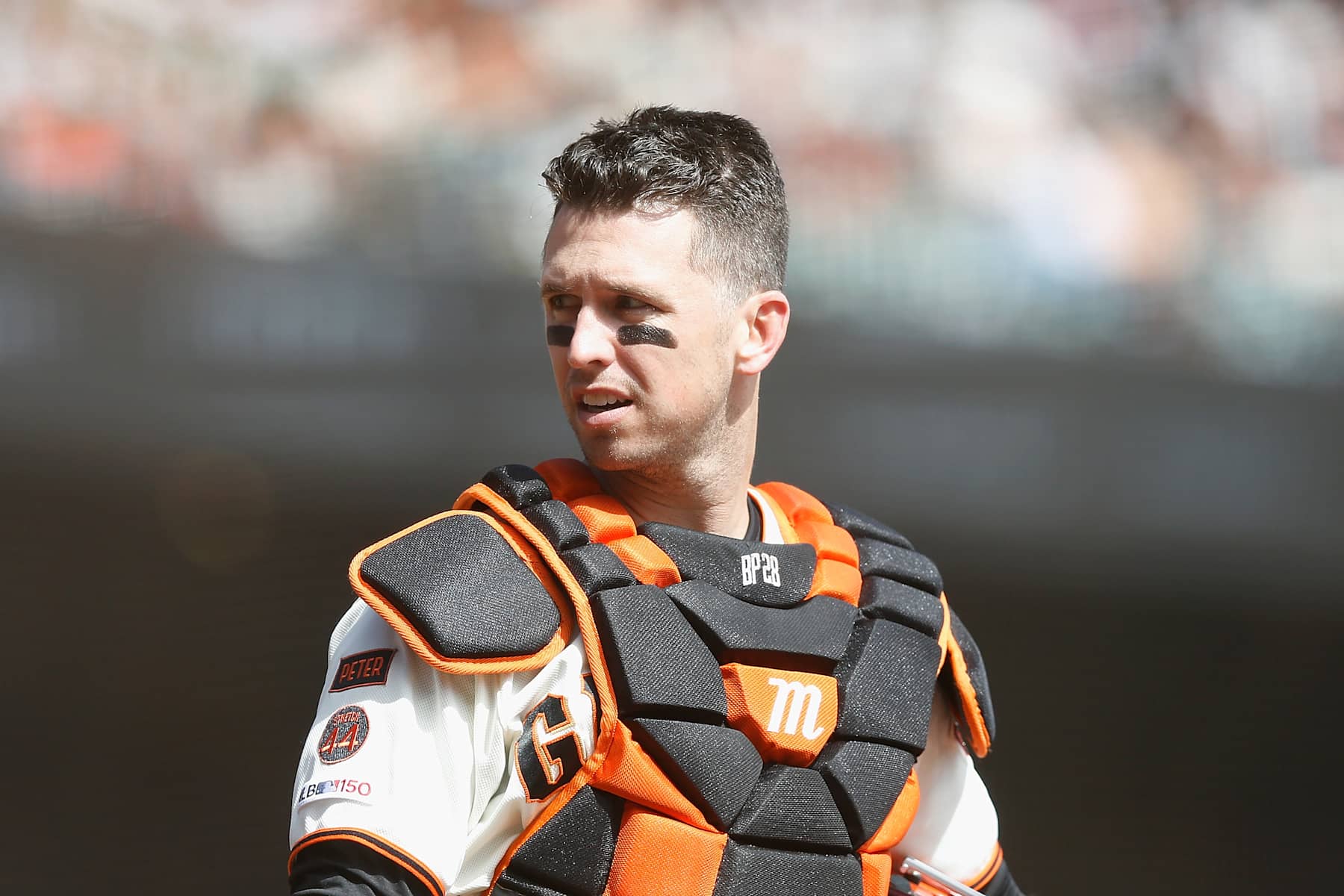 SAN FRANCISCO, CALIFORNIA - SEPTEMBER 29: Catcher Buster Posey #28 of the San Francisco Giants looks on from home plate during the game against the Los Angeles Dodgers at Oracle Park on September 29, 2019 in San Francisco, California. (Photo by Lachlan Cunningham/Getty Images)