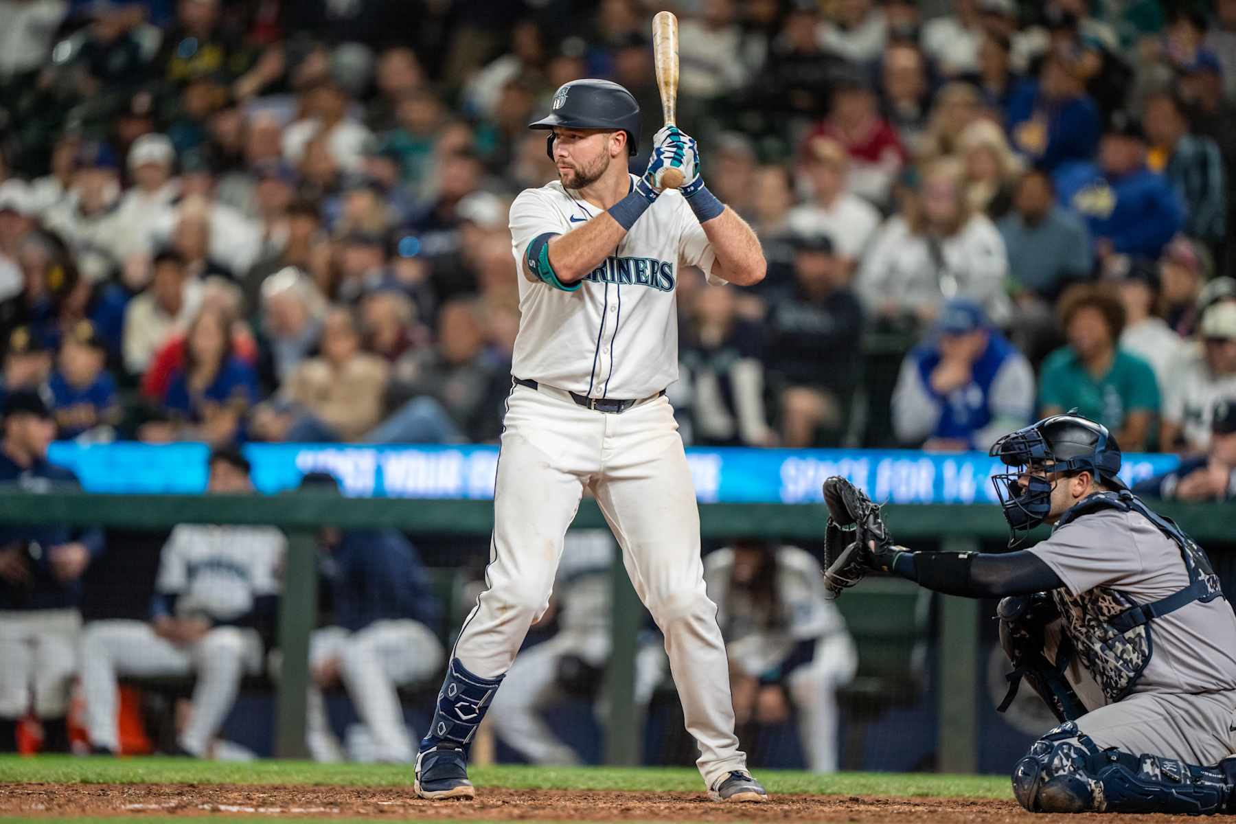 SEATTLE, WA - SEPTEMBER 18: Cal Raleigh #29 of the Seattle Mariners waits for a pitch during an at-bat in a game against the New York Yankees at T-Mobile Park on September 18, 2024 in Seattle, Washington. The Yankees won 2-1 in 10 innings. (Photo by Stephen Brashear/Getty Images)