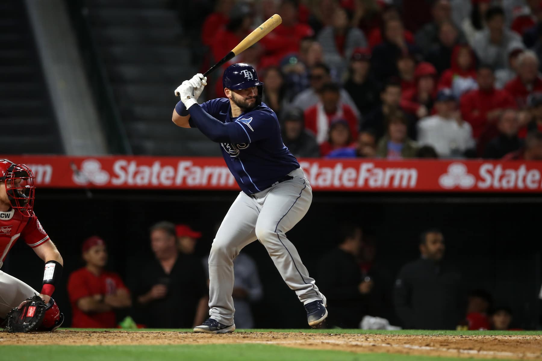 ANAHEIM, CA - MAY 10:  Mike Zunino #10 of the Tampa Bay Rays bats during the game against the Los Angeles Angels at Angel Stadium of Anaheim on May 10, 2022 in Anaheim, California.  The Angels defeated the Rays 12-0.  (Photo by Rob Leiter/MLB Photos via Getty Images)
