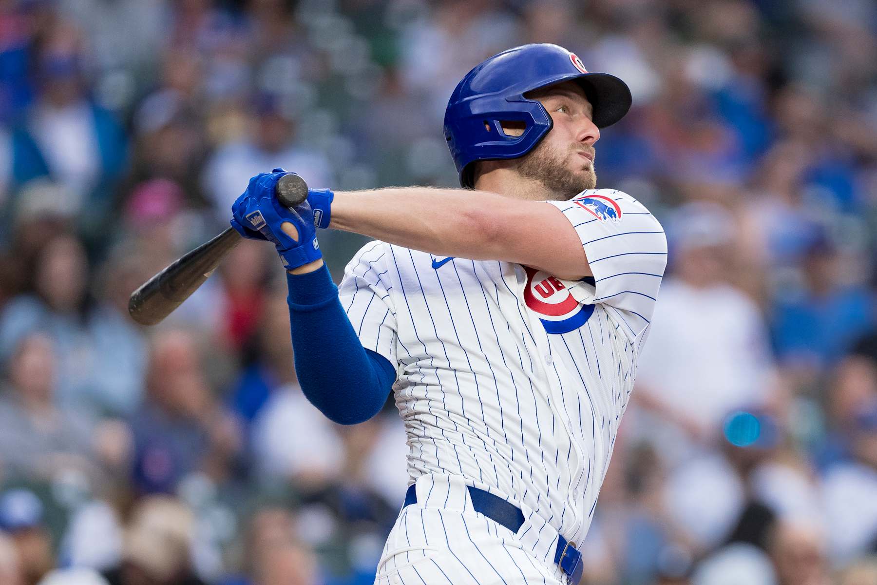 CHICAGO, ILLINOIS - SEPTEMBER 22: Michael Busch #29 of the Chicago Cubs hits a home run in a game against the Washington Nationals at Wrigley Field on September 22, 2024 in Chicago, Illinois. (Photo by Matt Dirksen/Chicago Cubs/Getty Images)