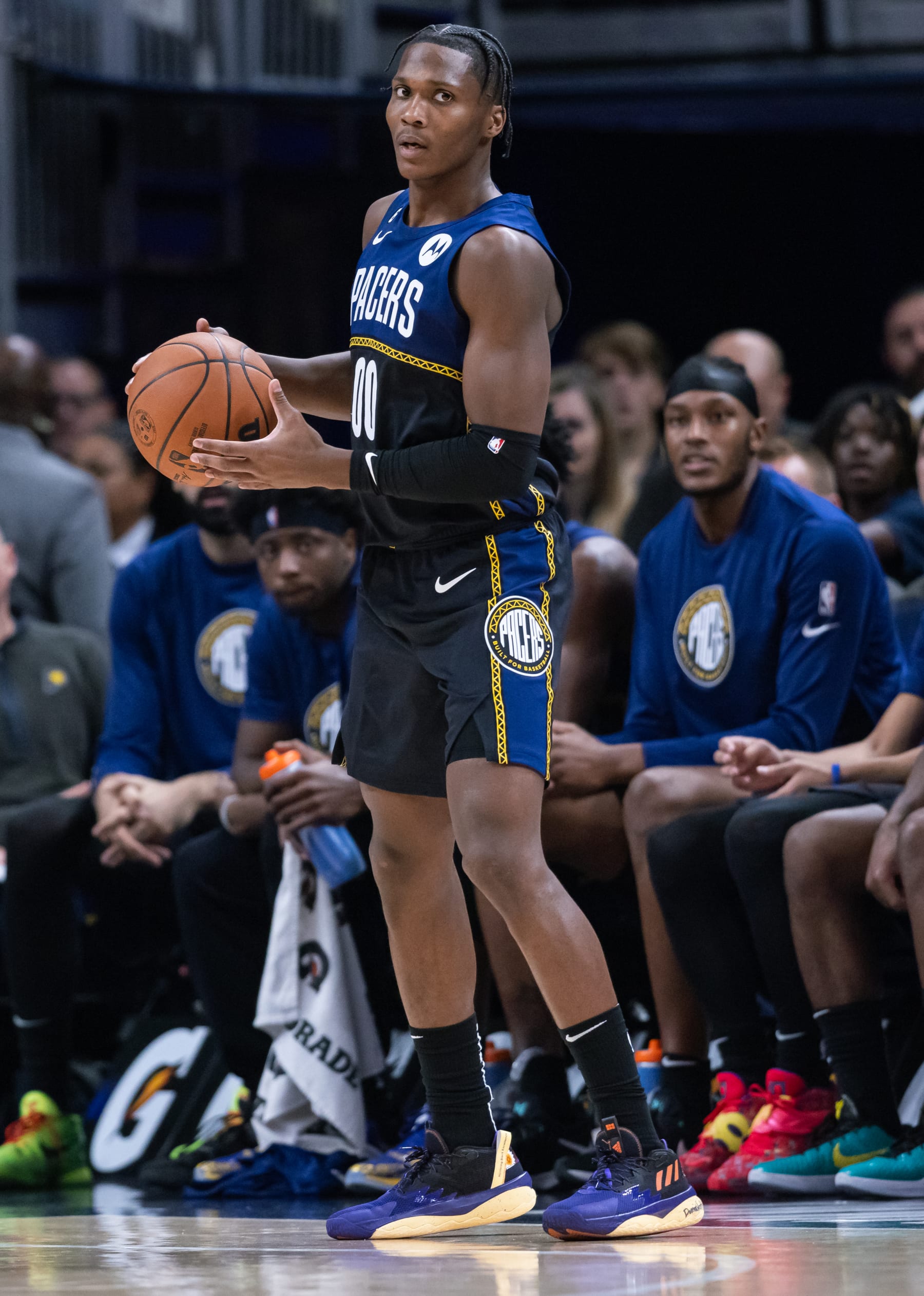 INDIANAPOLIS, IN - NOVEMBER 12: Bennedict Mathurin #00 of the Indiana Pacers is seen during the game against the Toronto Raptors at Gainbridge Fieldhouse on November 12, 2022 in Indianapolis, Indiana. NOTE TO USER: User expressly acknowledges and agrees that, by downloading and or using this photograph, User is consenting to the terms and conditions of the Getty Images License Agreement. (Photo by Michael Hickey/Getty Images) INDIANAPOLIS, IN - NOVEMBER 12: Bennedict Mathurin #00 of the Indiana Pacers is seen during the game against the Toronto Raptors at Gainbridge Fieldhouse on November 12, 2022 in Indianapolis, Indiana. NOTE TO USER: User expressly acknowledges and agrees that, by downloading and or using this photograph, User is consenting to the terms and conditions of the Getty Images License Agreement. (Photo by Michael Hickey/Getty Images)